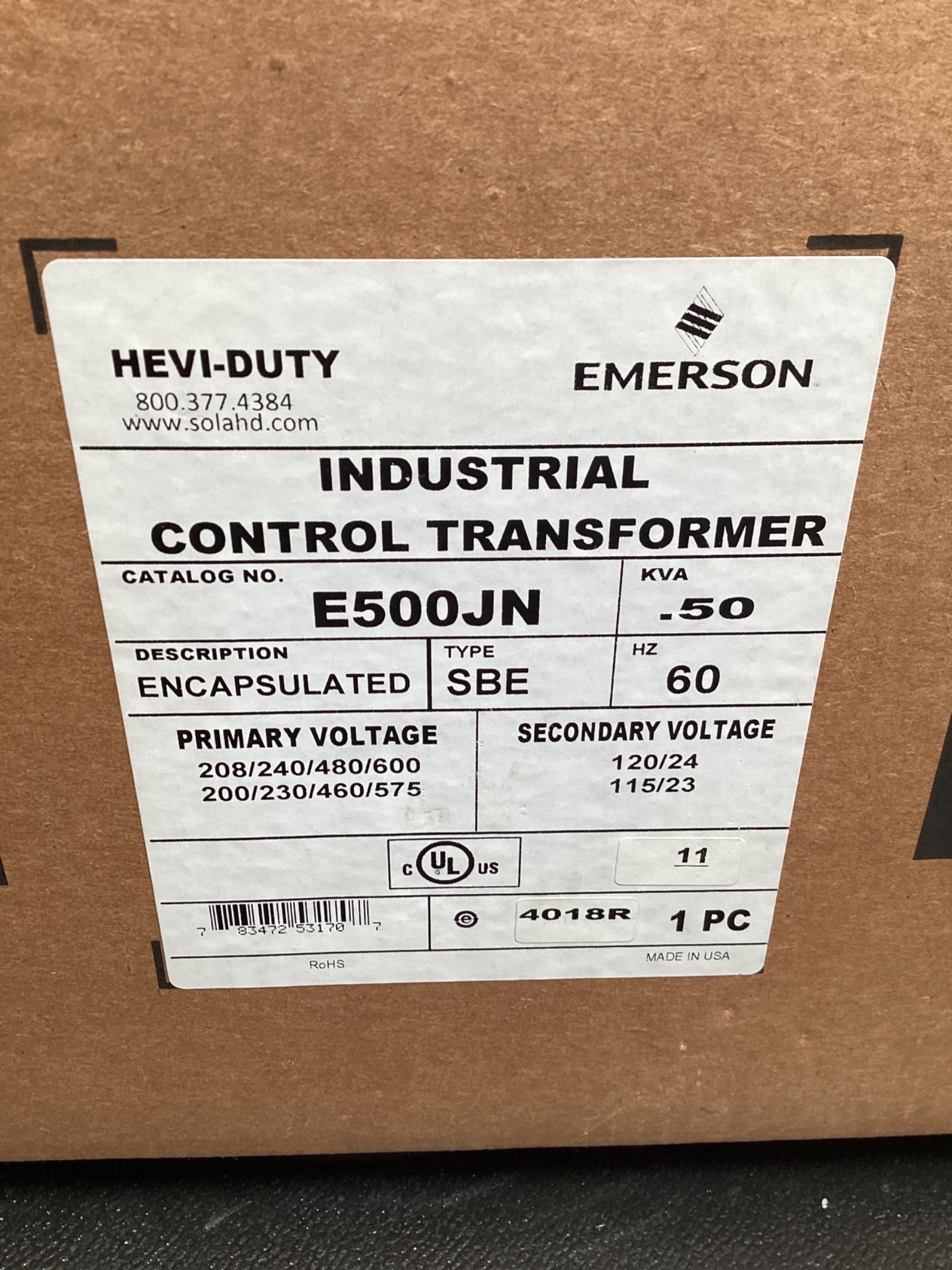 SOLAHD E500JN CONTROL TRANSFORMER 500VA 208-600V TO 120/24V NEW 6
