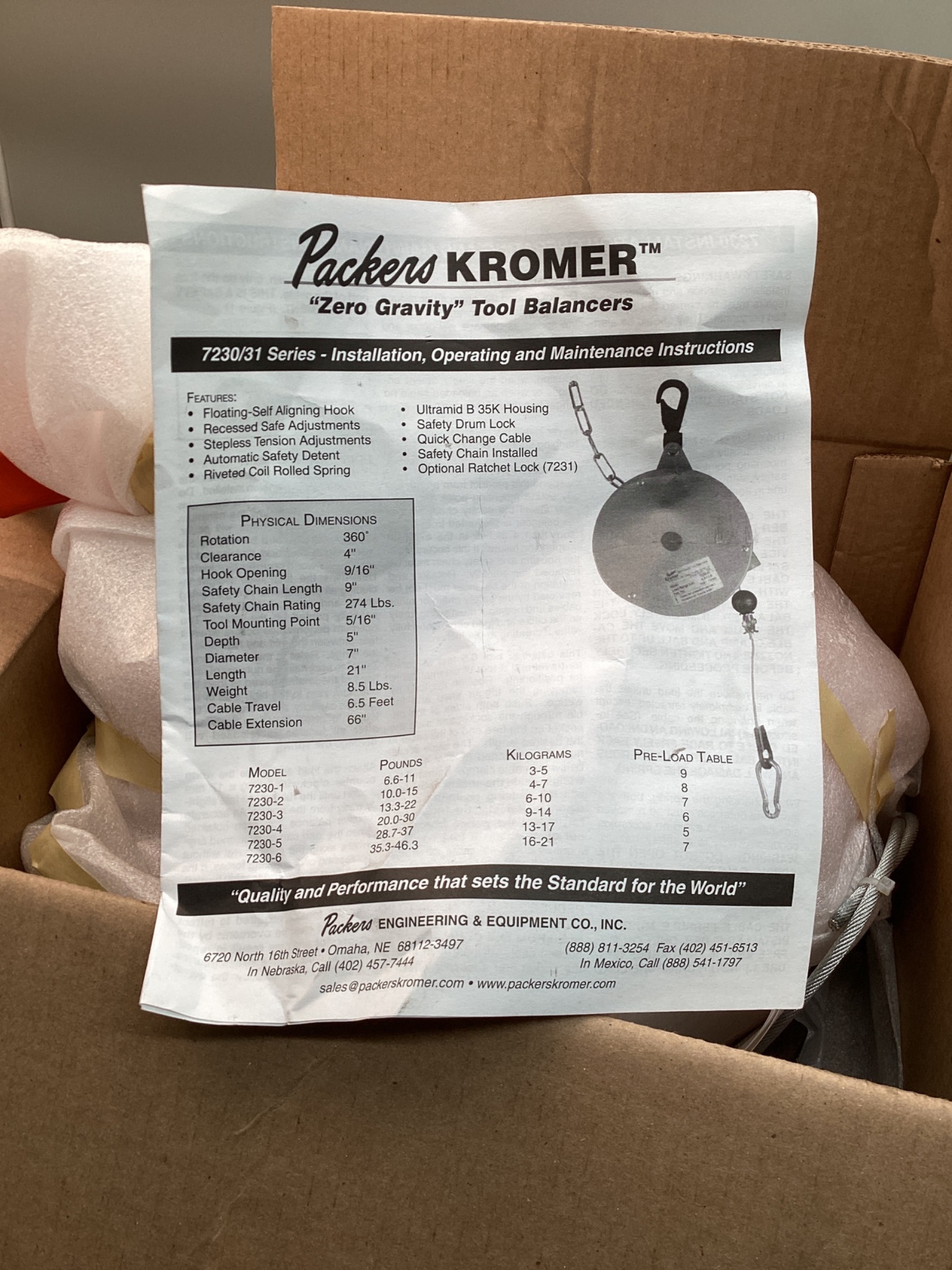 PACKERS KROMER 7230-3 ZERO GRAVITY TOOL BALANCER 13–22LB 6.6FT NEW 1
