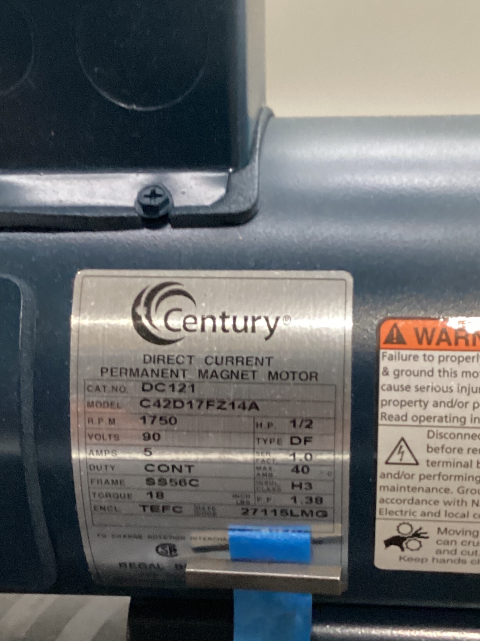 CENTURY C42D17FZ14A DC MOTOR 1/2HP 90VDC USED 2
