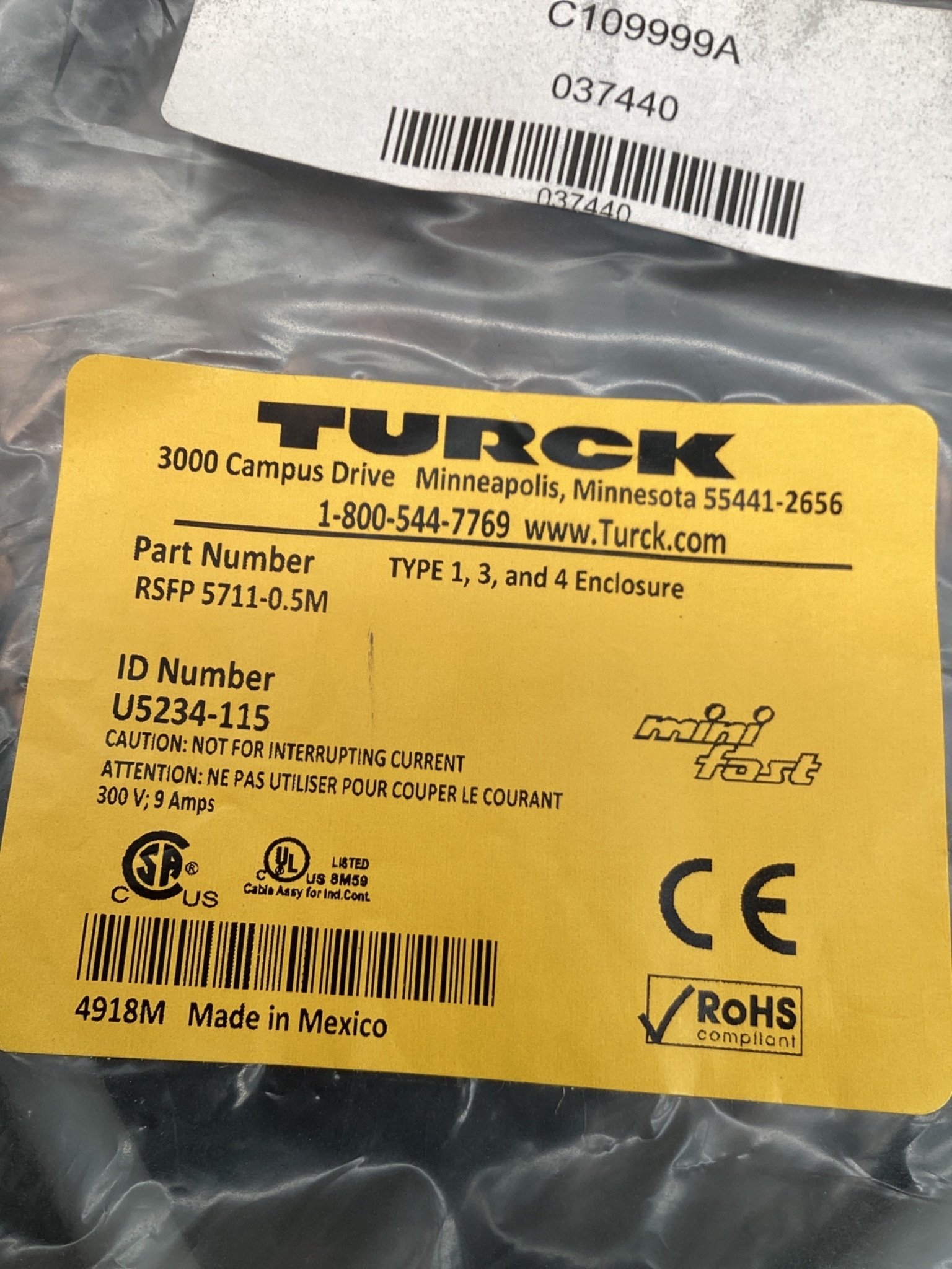 TURCK RSFP 5711-0.5M M12 FEMALE CORDSET 4PIN 0.5M IP67 NEW 2