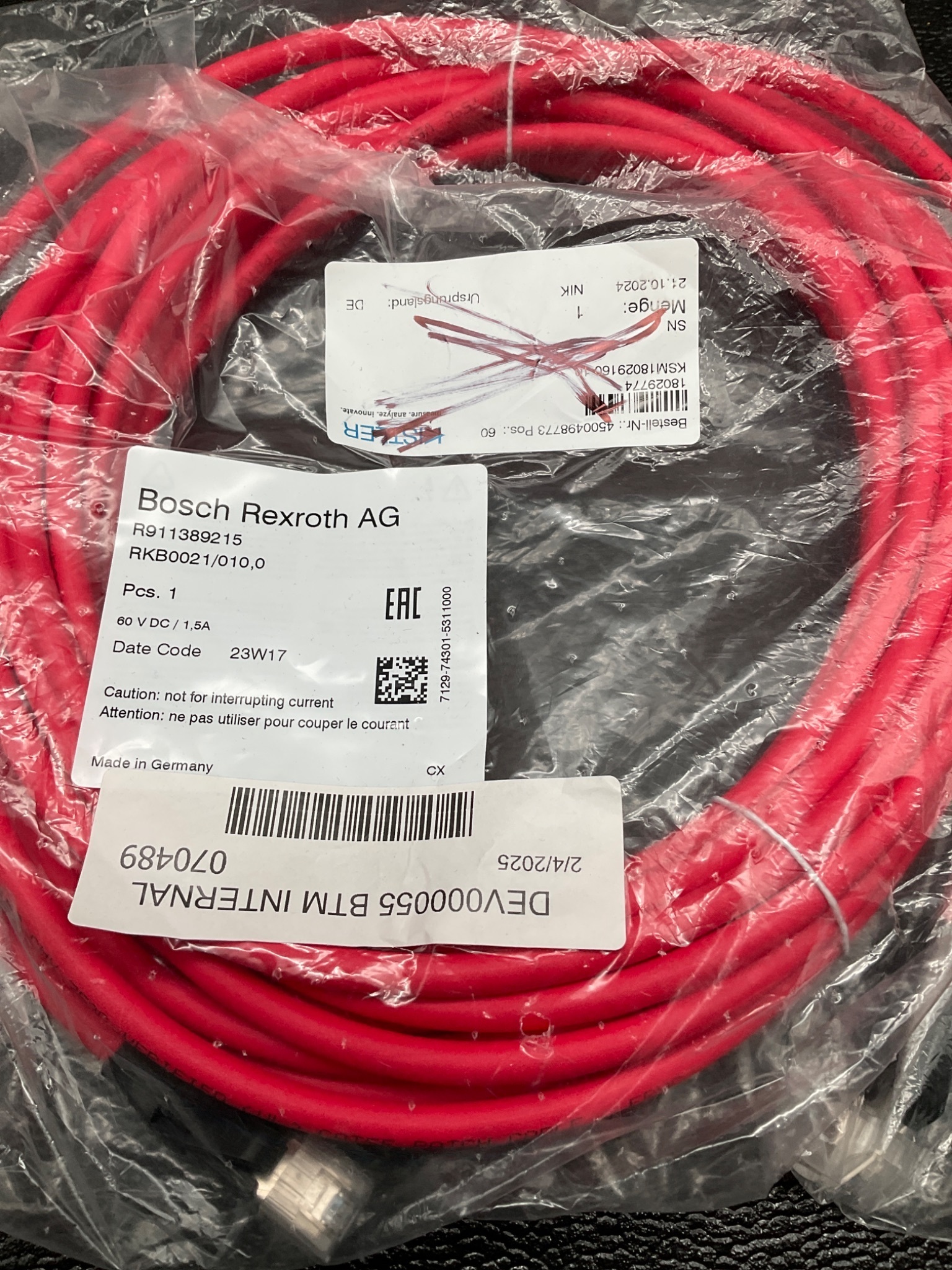 BOSCH REXROTH R911389215 PATCH CABLE RKB0021/010.0 60VDC 1.5A NEW 4