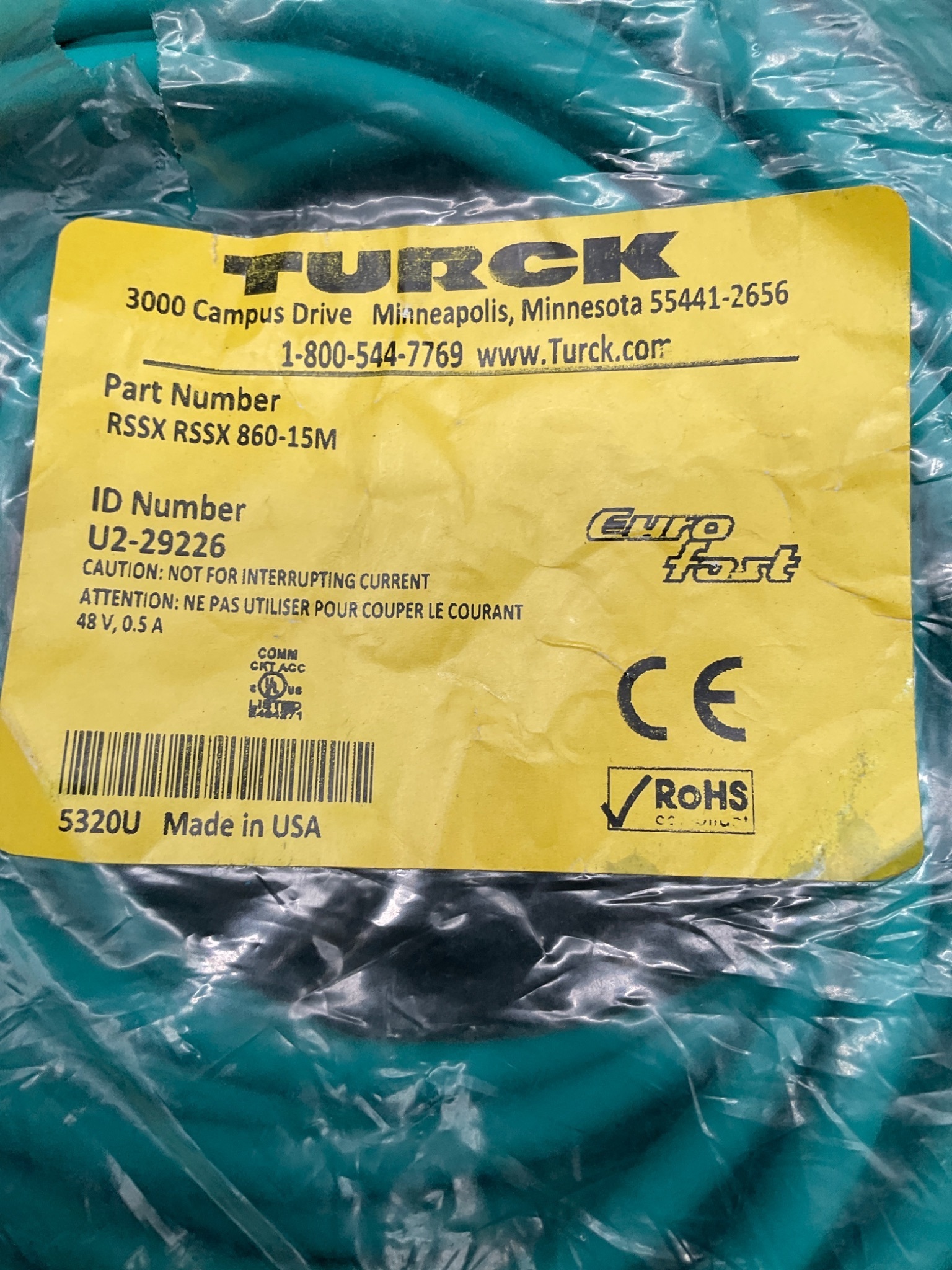 TURCK RSSX RSSX 860-15M ETHERNET CABLE M12 X-CODED 8PIN 15M IP67 NEW 0