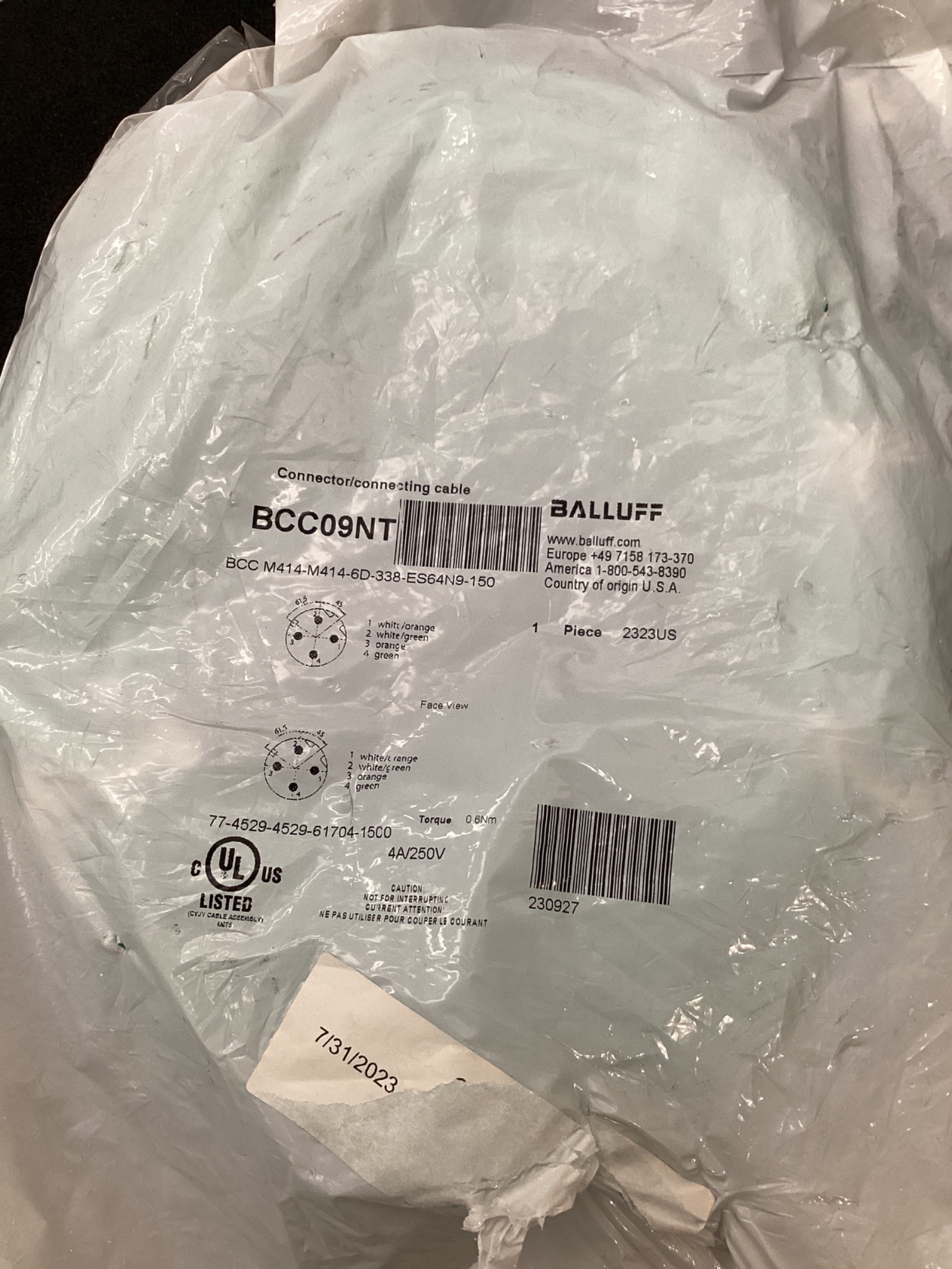 BALLUFF BCC09NT ETHERNET CORDSET 15M M12 NEW 2