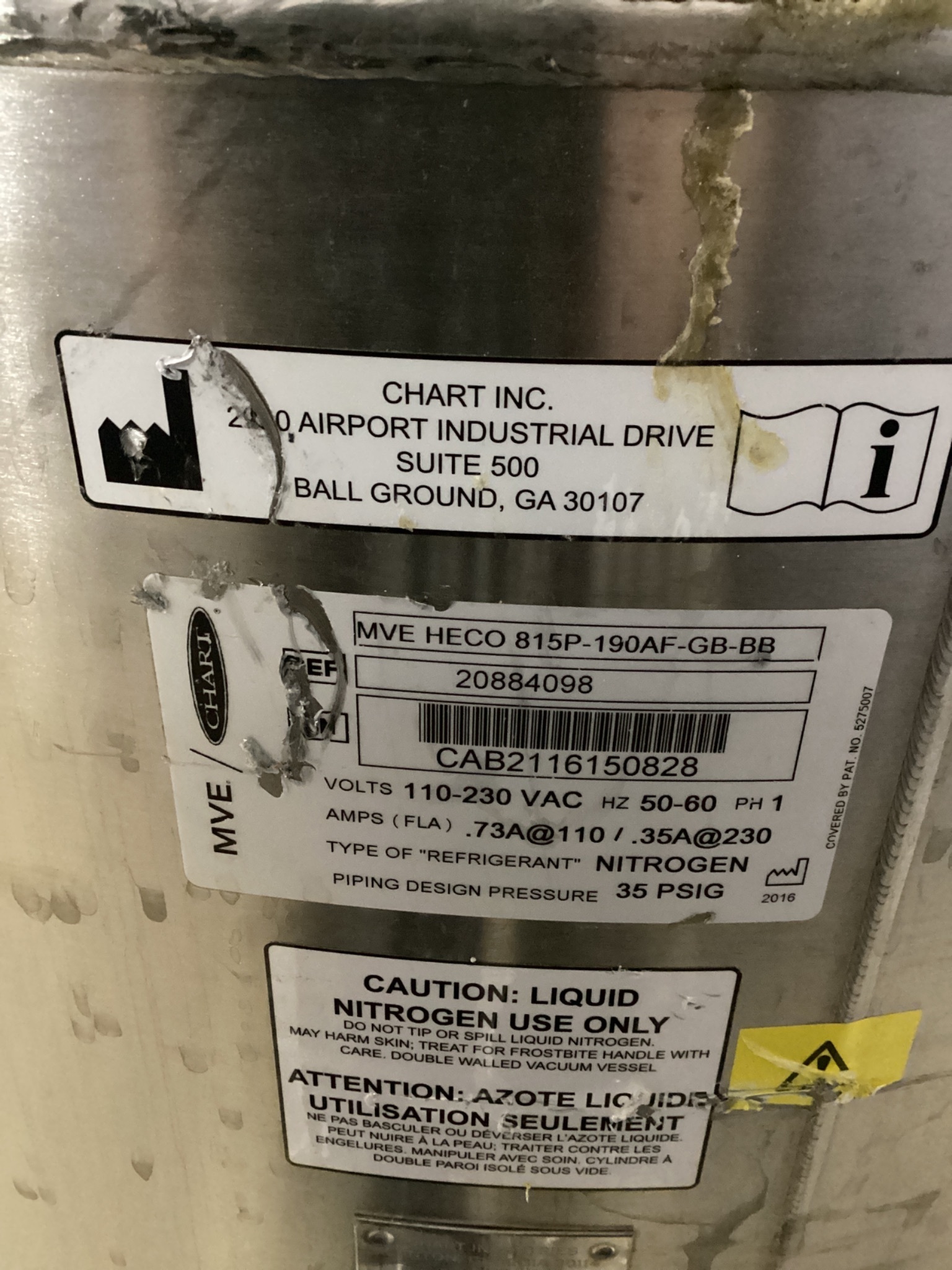 MVE HECO 815P-190AF-GB-BB LN2 VAPOR FREEZER AUTO FILL USED 4