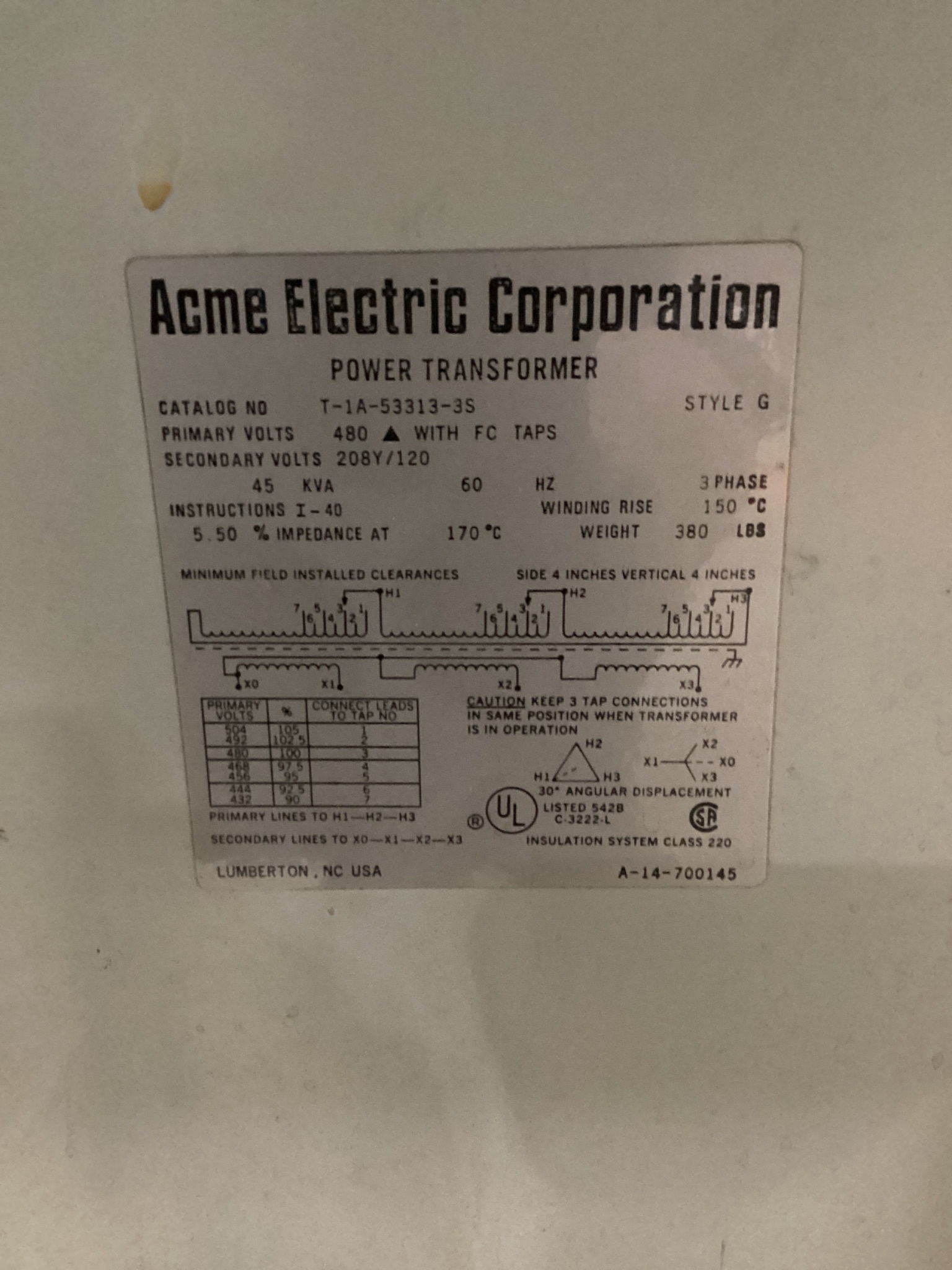 ACME ELECTRIC T-1A-53313-3S 45KVA GENERAL PURPOSE TRANSFORMER 3PH USED 3