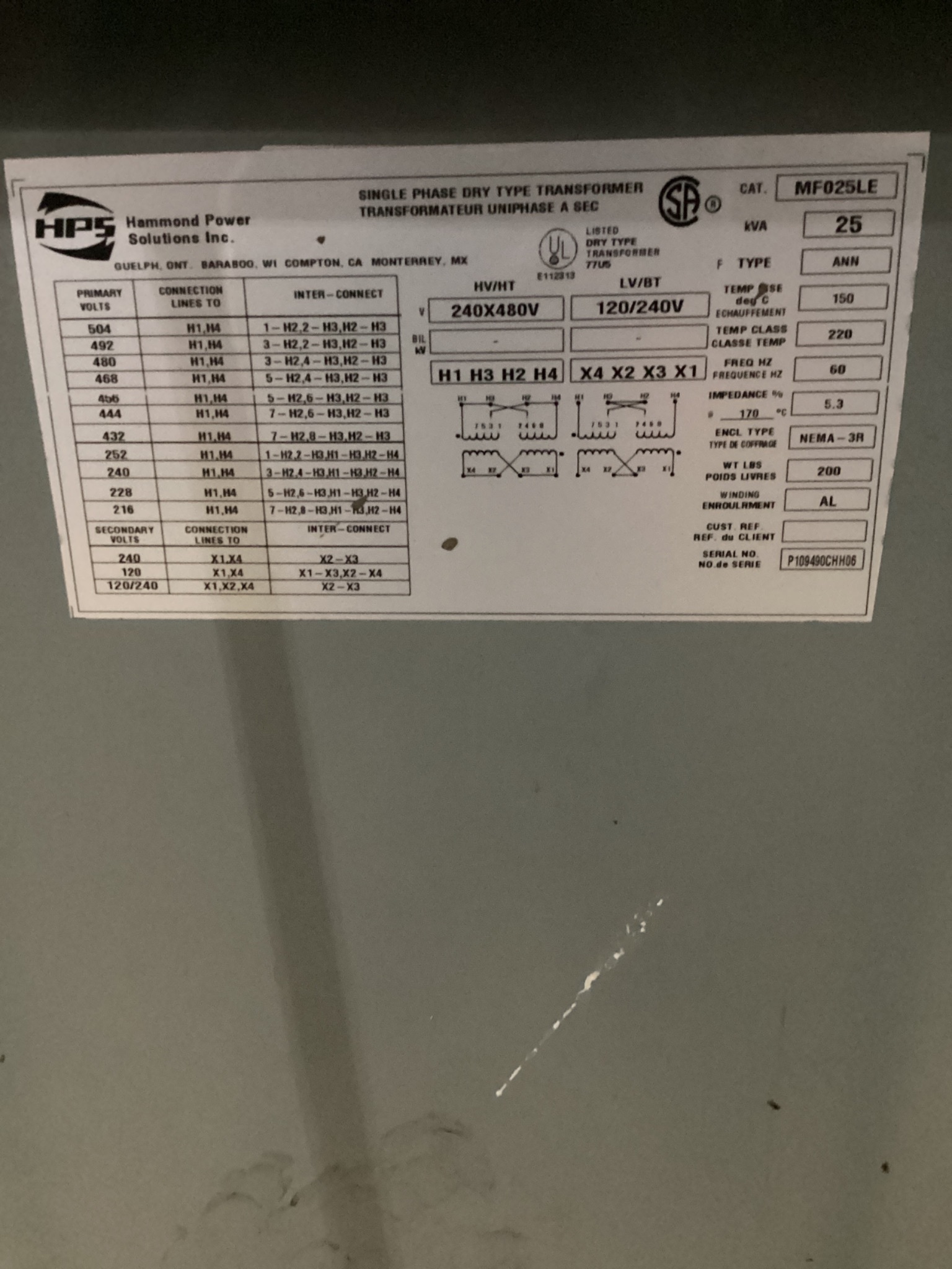 HAMMOND MF025LE 25KVA DISTRIBUTION TRANSFORMER 1PH 240/480V USED 4