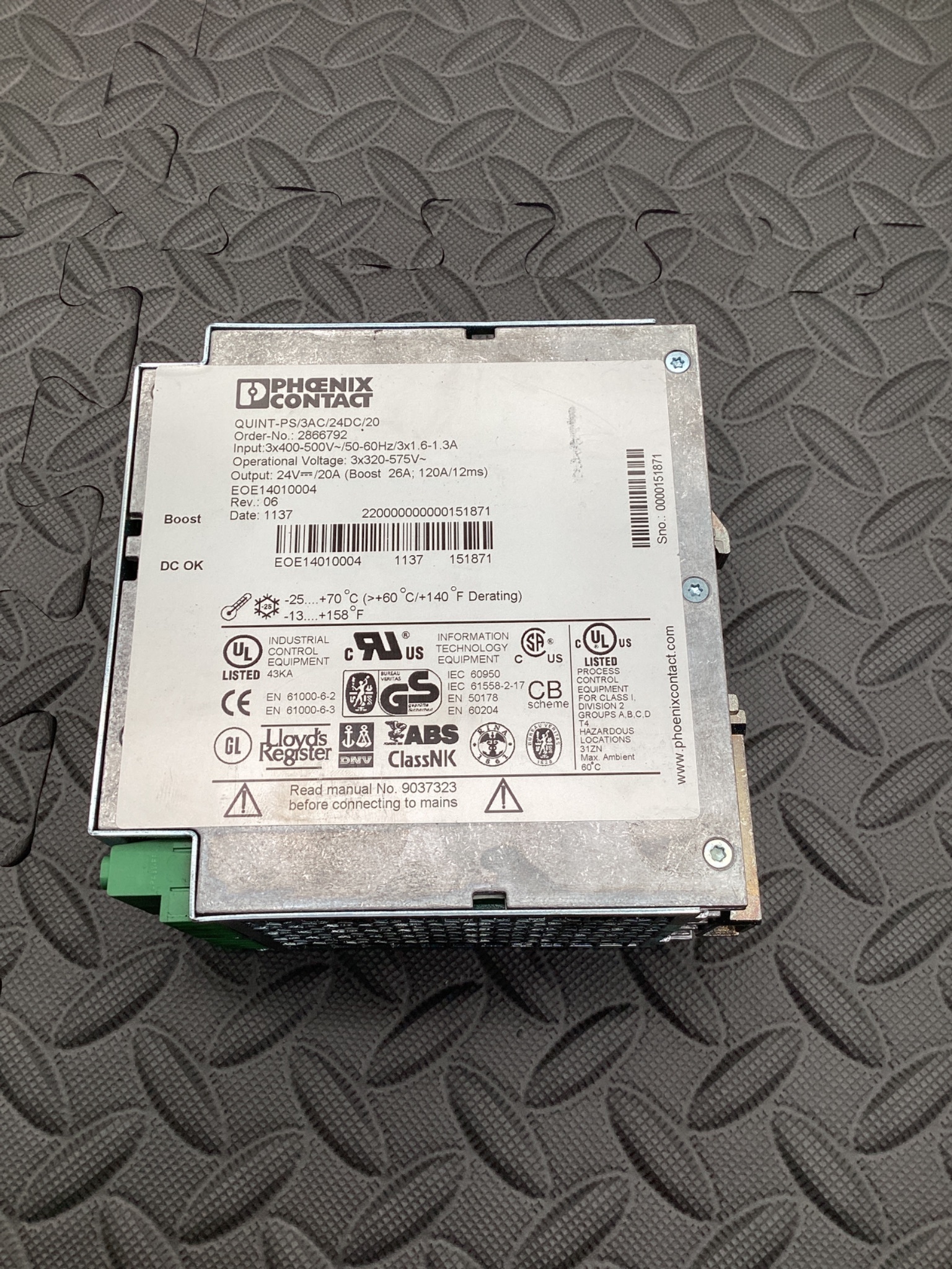 PHOENIX CONTACT QUINT-PS/3AC/24VDC/20 Power Supply 2866792 USED 1