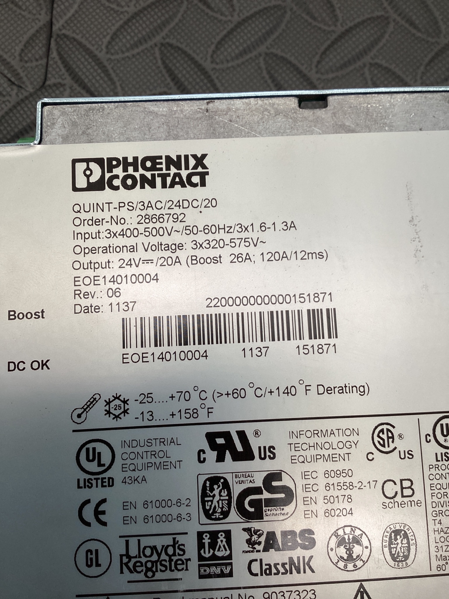 PHOENIX CONTACT QUINT-PS/3AC/24VDC/20 Power Supply 2866792 USED 5