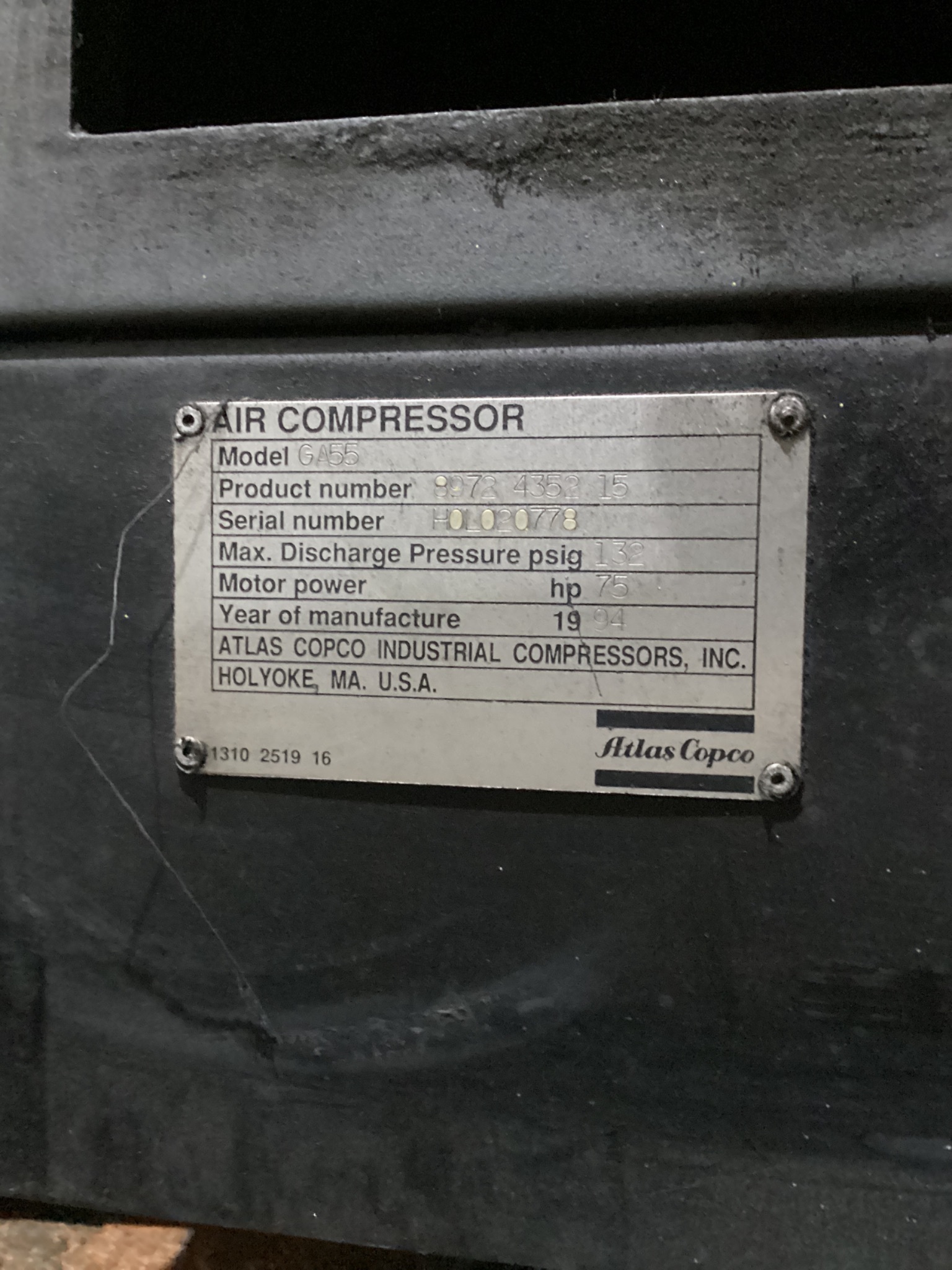 ATLAS COPCO GA 55 75HP Rotary Screw Air Compressor USED 8
