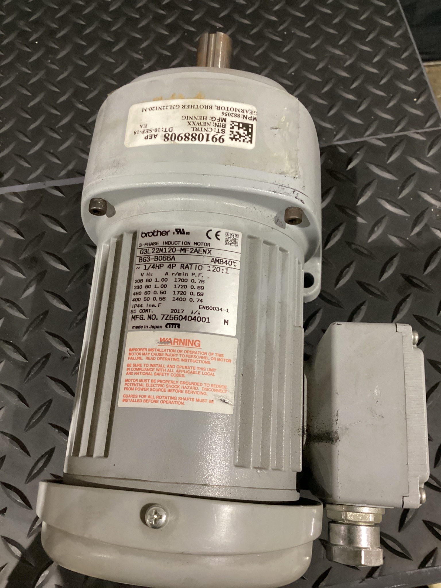 BROTHER G3L22N120‑MF2AENX 0.125 HP Inline Gearmotor w/ Brake USED 3