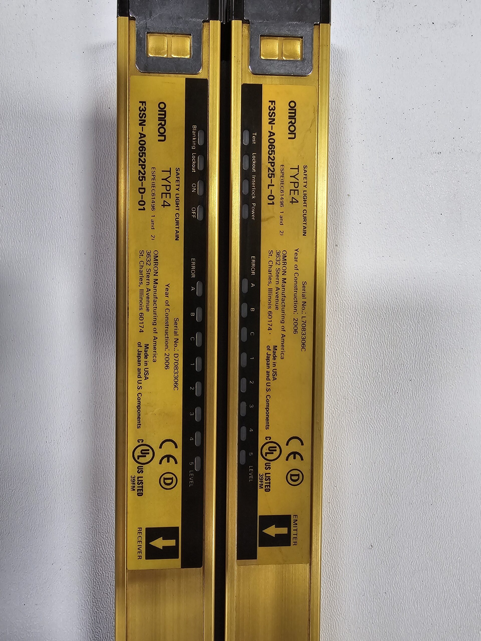 OMRON F3SN-A0652P25-L-01 AND F3SN-A0652P25-D-01 LIGHT CURTAIN SET USED 2