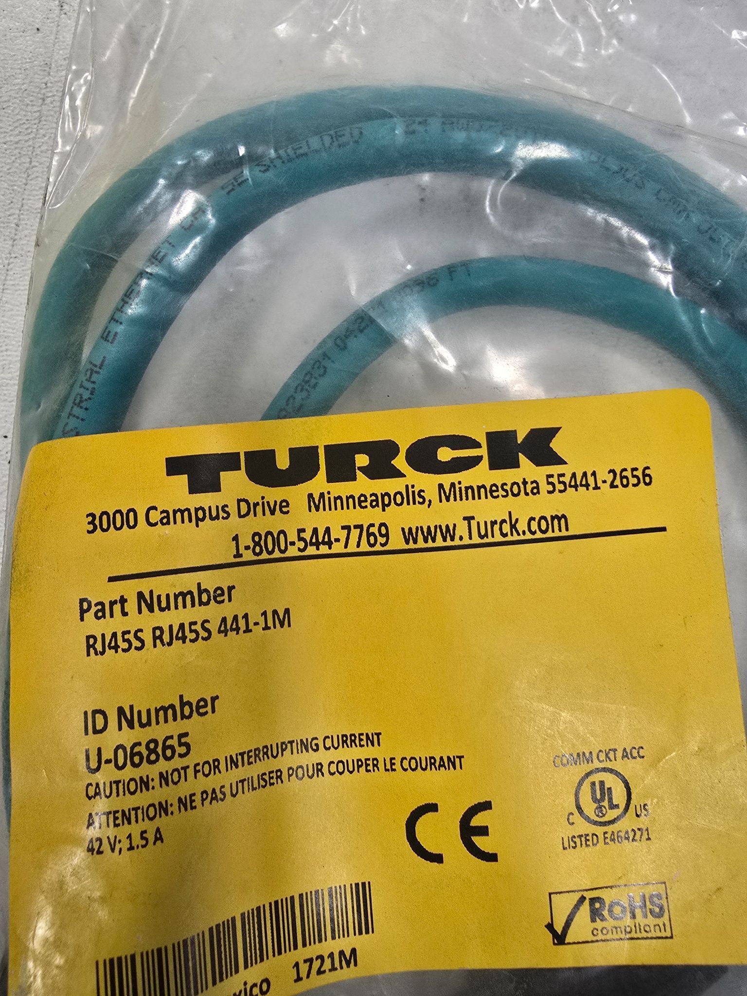TURCK RJ45S-RJ45S-441-1M ETHERNET MALE M12 EUROFAST NEW 1