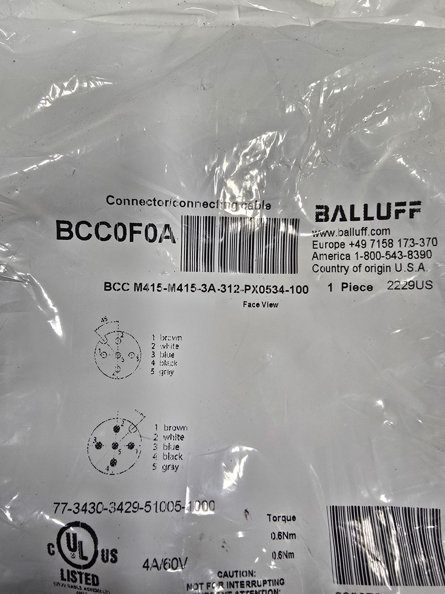 BALLUFF BCC-M415-M415-3A-312-PX0534-100 SENSOR CABLE NEW 1