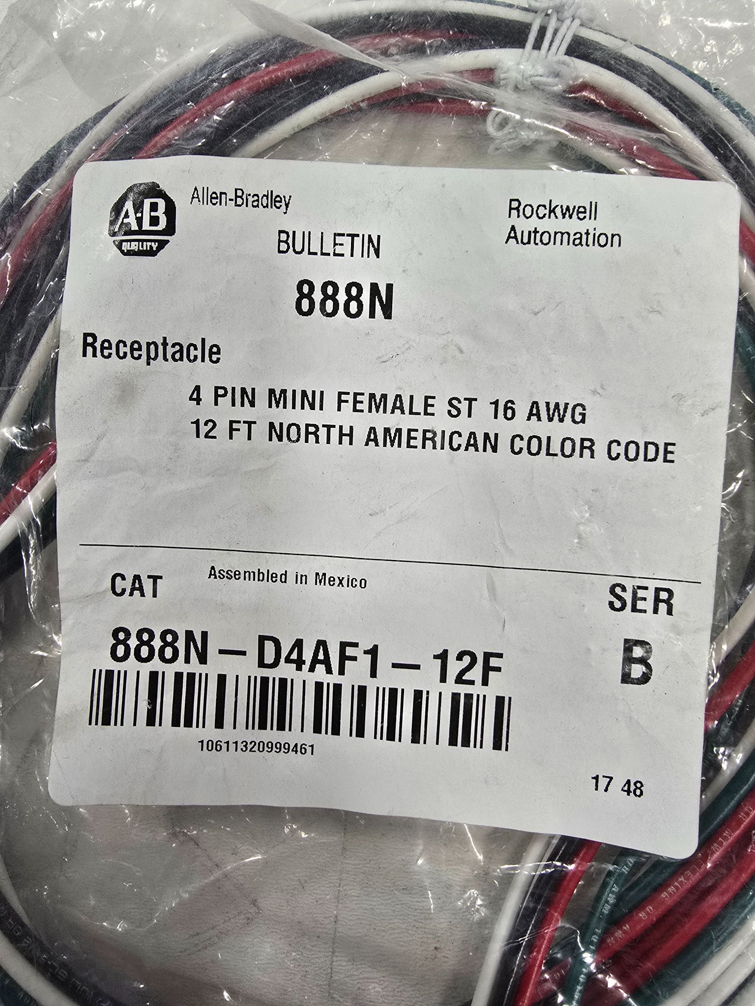 ALLEN BRADLEY 888N-FD4AF1-12F 4PIN MINI FEMALE ST 16AWG 12FT NEW 1