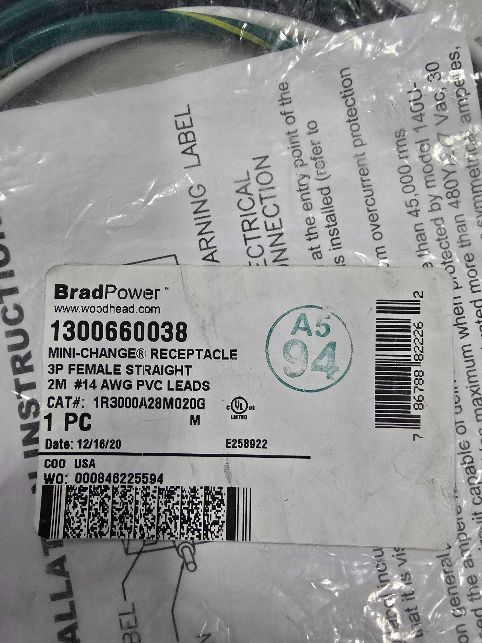 BRADPOWER 1R3000A28M020G MINI CHANGE RECEPTACLE NEW 1
