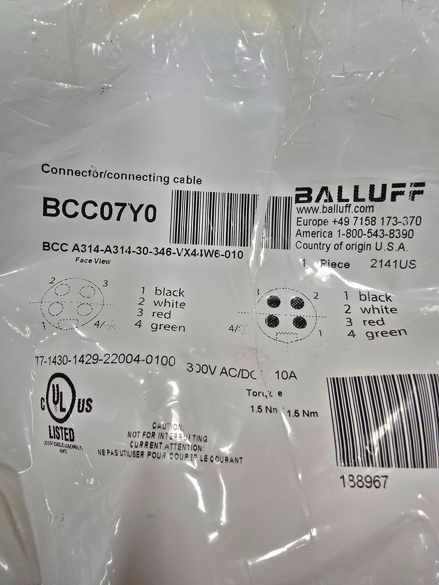 BALLUFF BCC-A314-A314-30-346-VX44W6-010 POWER CABLE NEW 1
