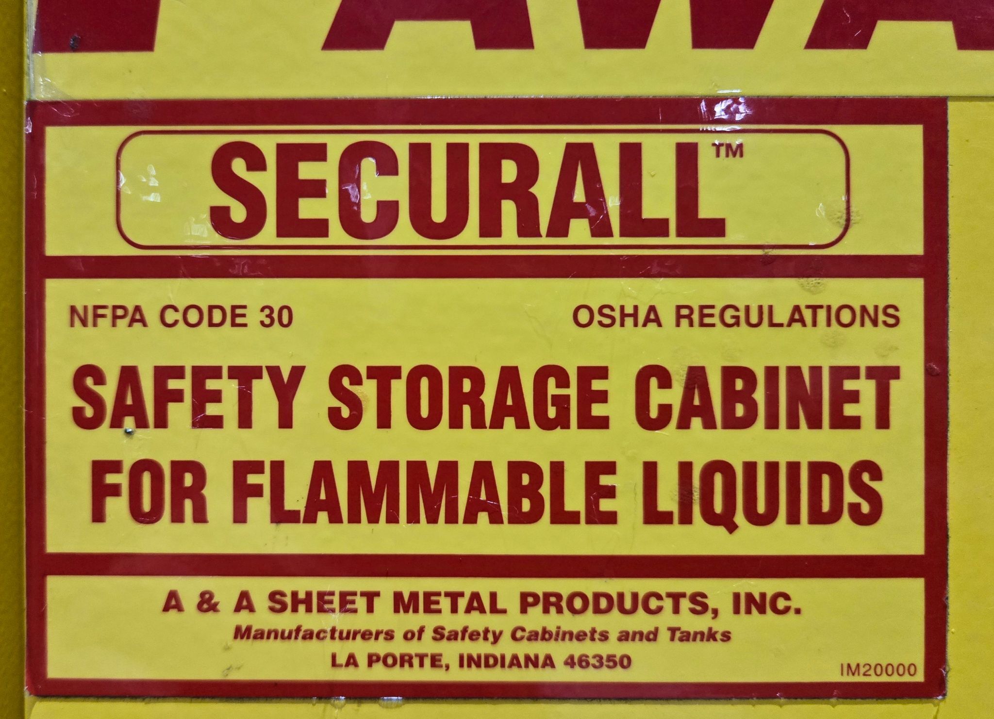 A & A SHEET METAL PRODUCTS SECURALL FLAMMABLE STORAGE CABINET USED 5