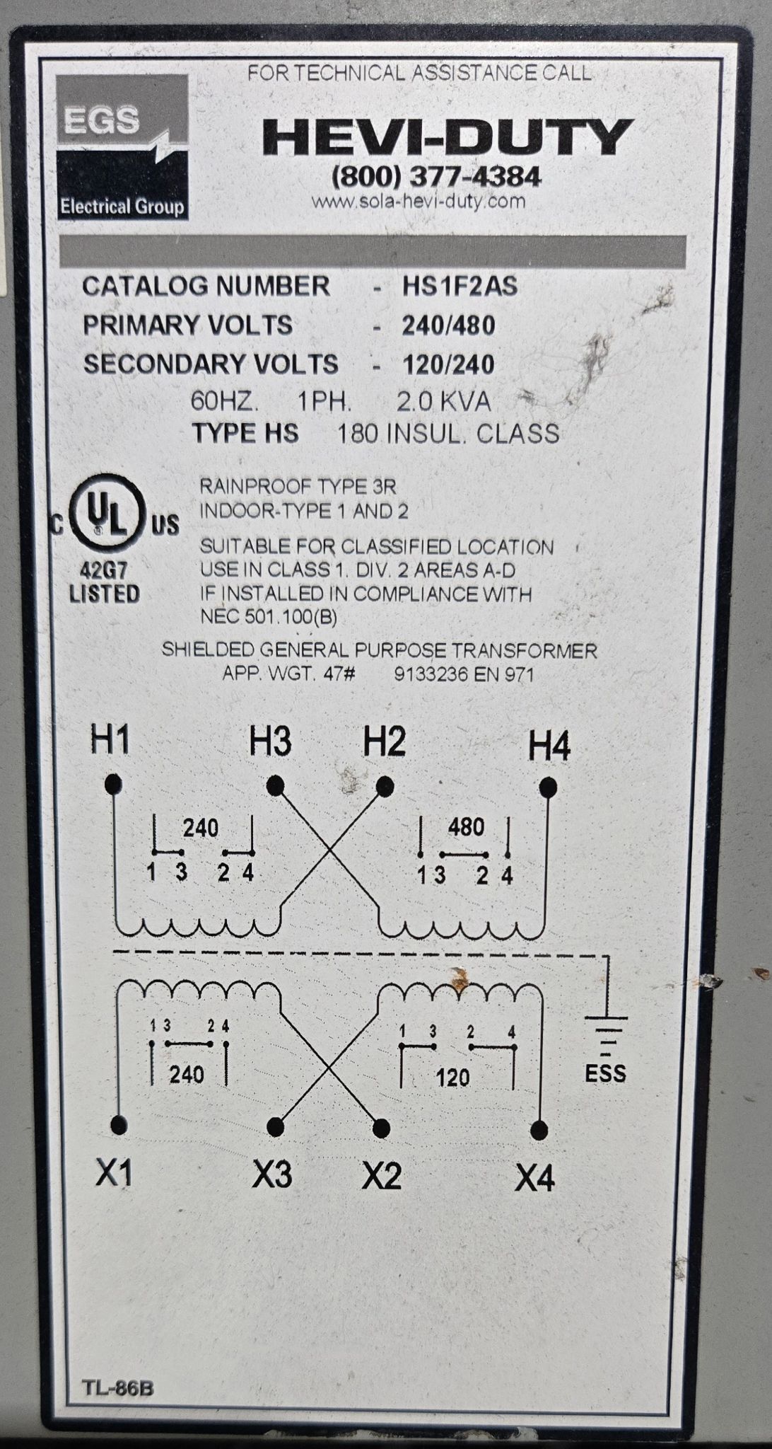 EGS HS1F2AS Transformer 240/480V - 120/240V, 2 kVa, 1 PH USED 2