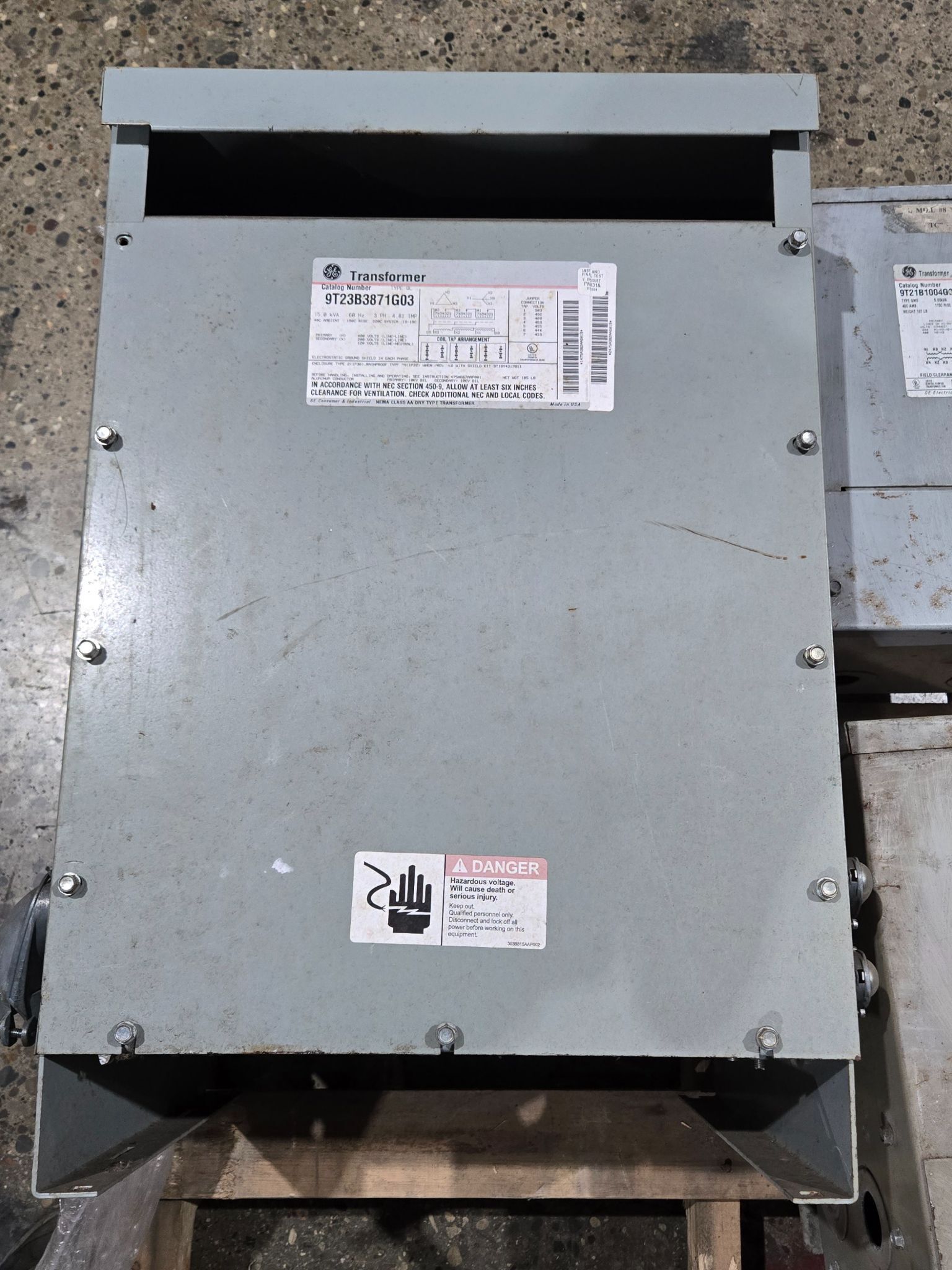 GENERAL ELECTRIC 9T23B3871G03 Transformer 480V - 208/120V, 15 kVa, 3PH USED 0