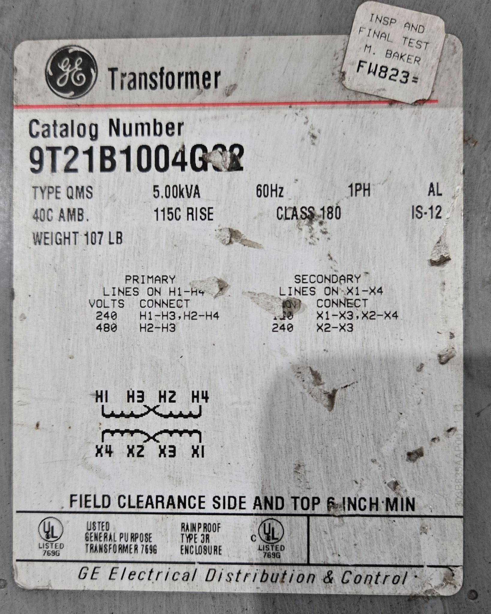 GENERAL ELECTRIC 9T21B1004G02 Transformer 240/480V - 120/240V, 5 kVa, 1PH USED 2