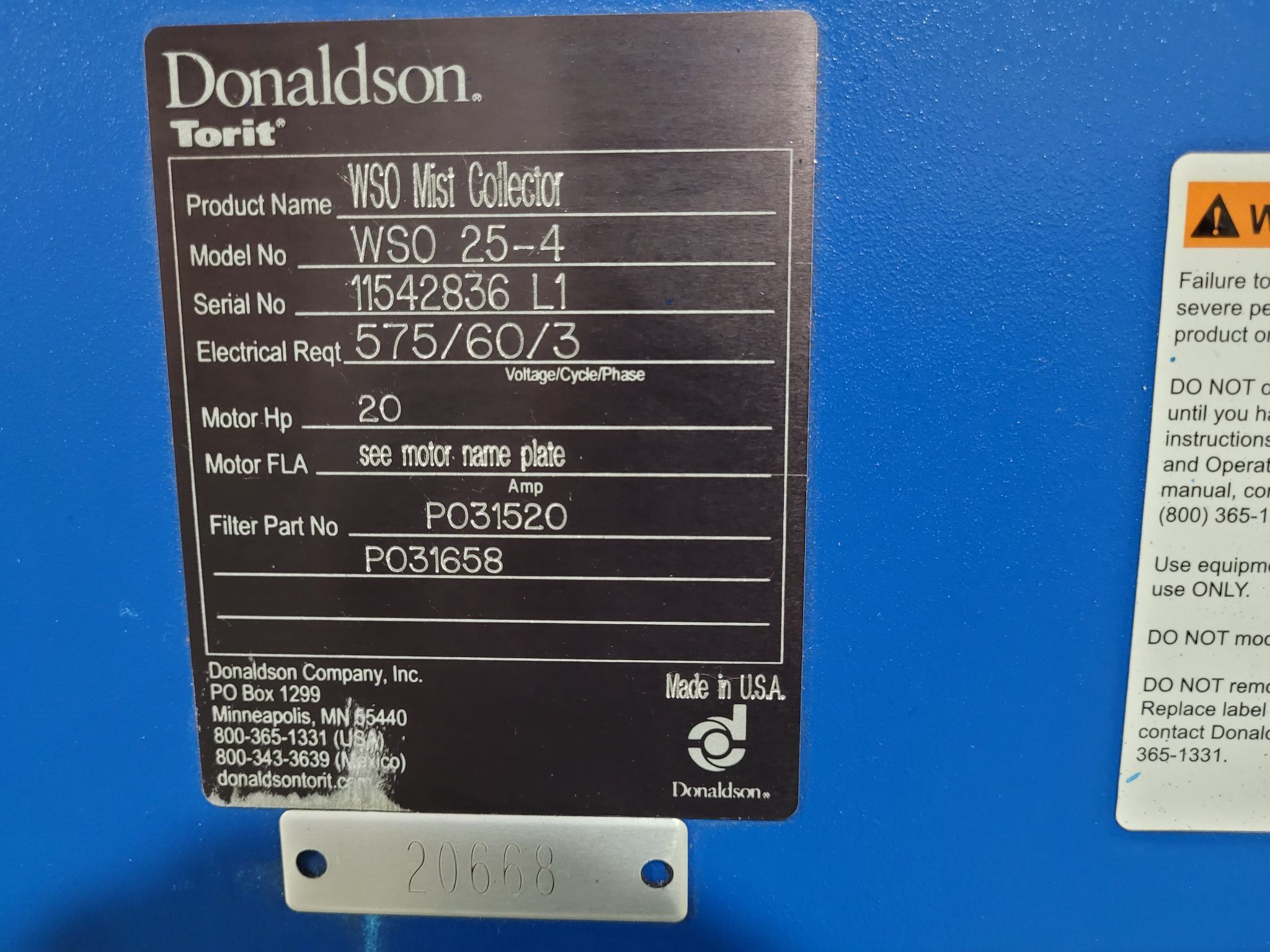 DONALDSON TORIT WSO 25-4 MIST COLLECTOR USED 10