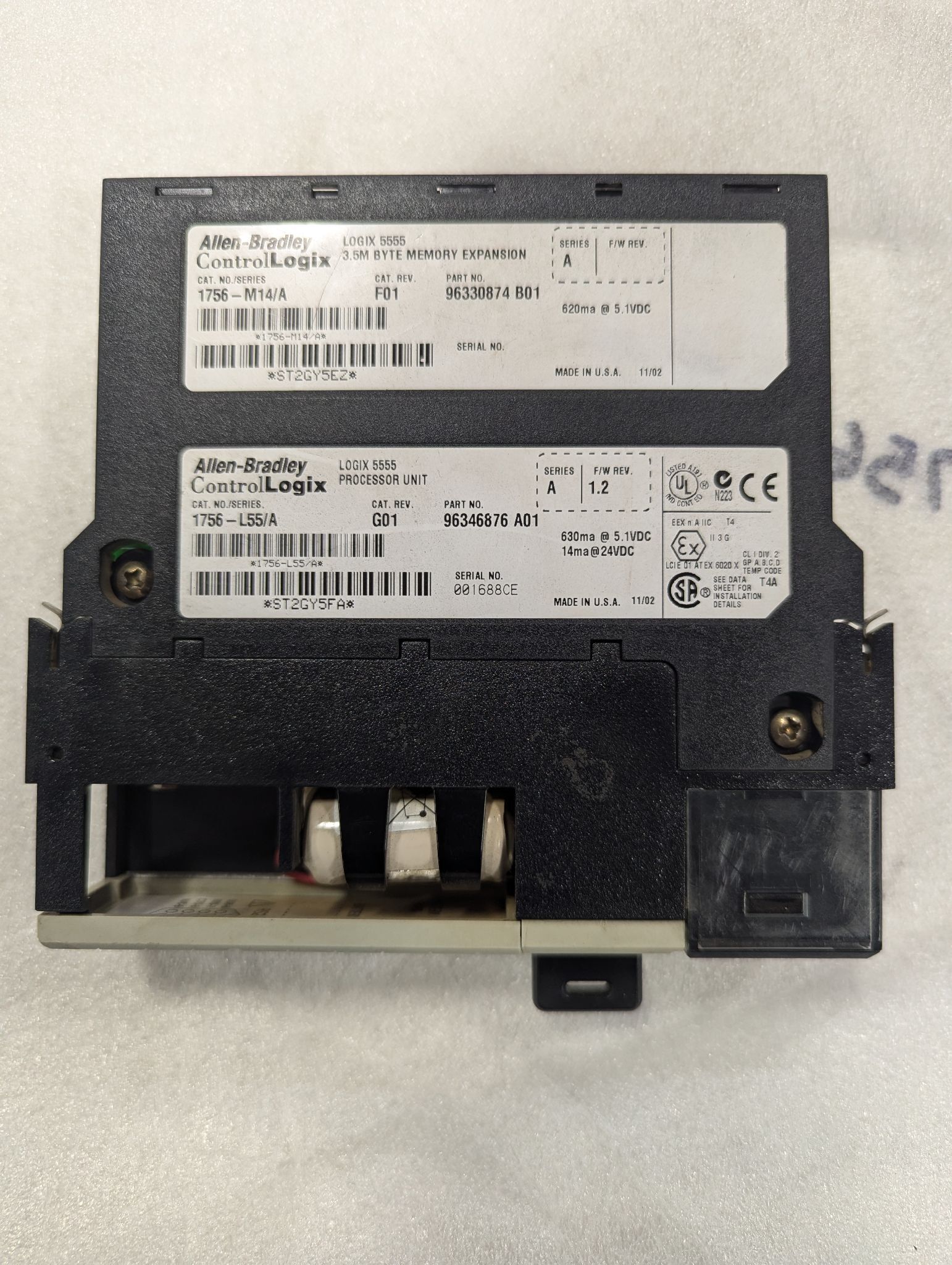 ALLEN BRADLEY 1756-L55/A WITH 1756-M14/A CONTROL LOGIX PROCESSOR UNIT USED 1