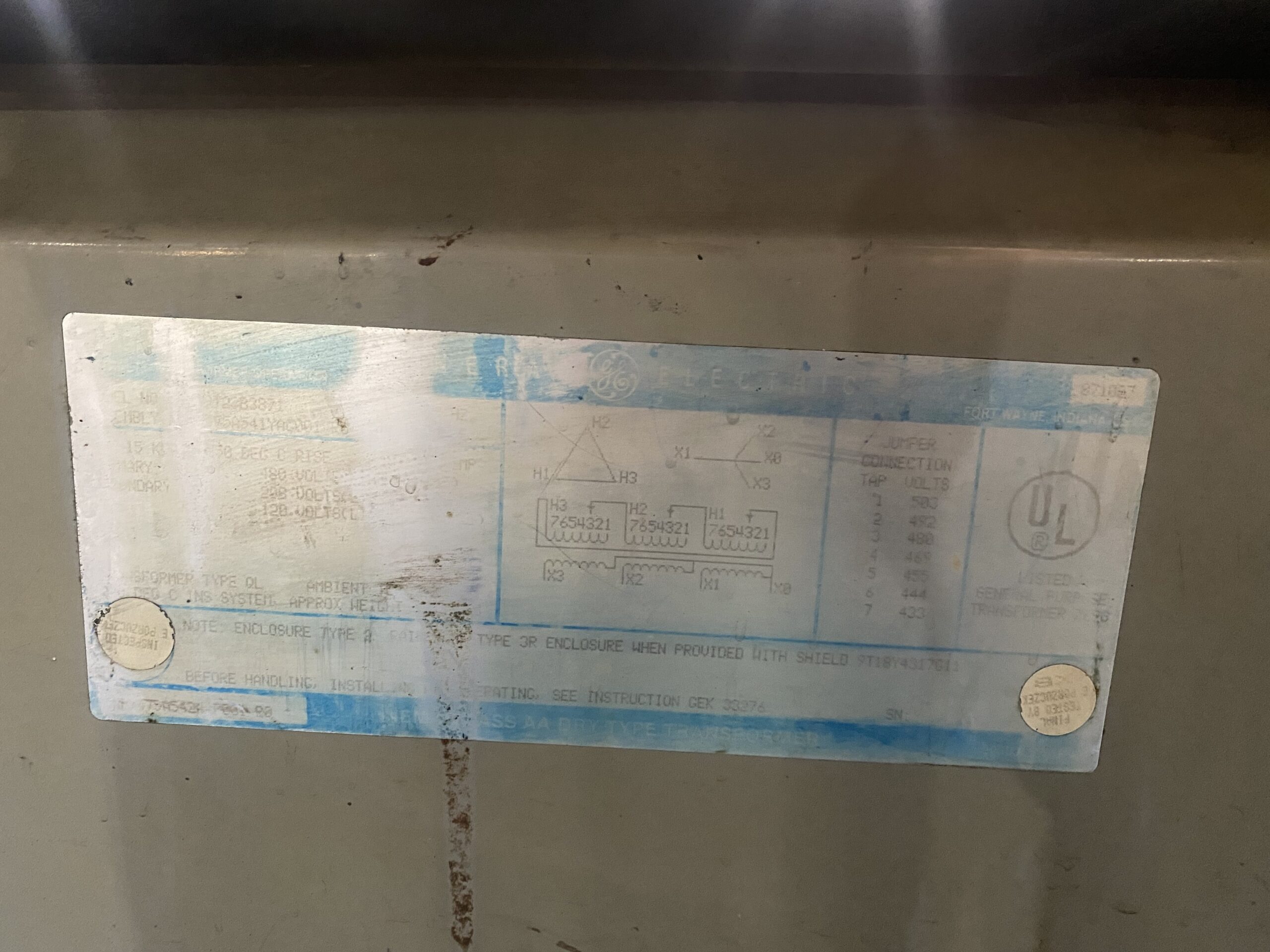 GENERAL ELECTRIC - 9T23B3871 Transformer 480V - 208/120V, 15kVA USED 3