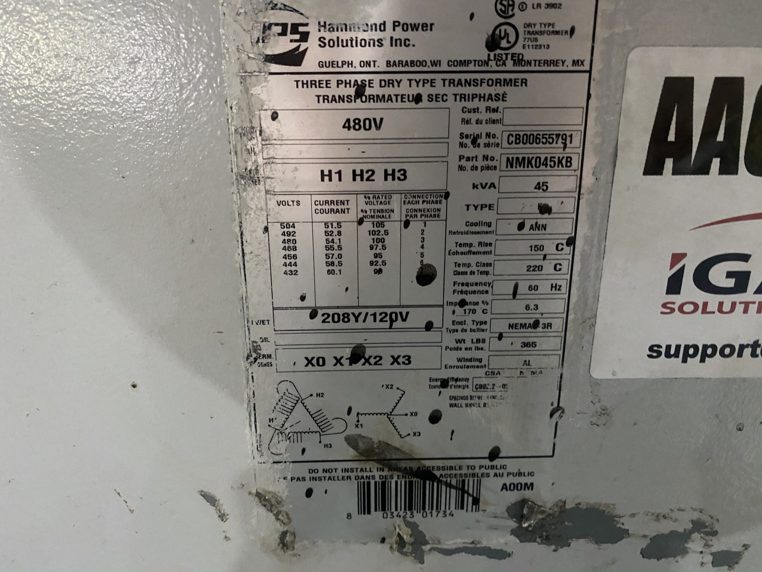 Hammond Power Solutions - NMK045KB Transformer 480V - 208Y/120V, 45kVA USED 3