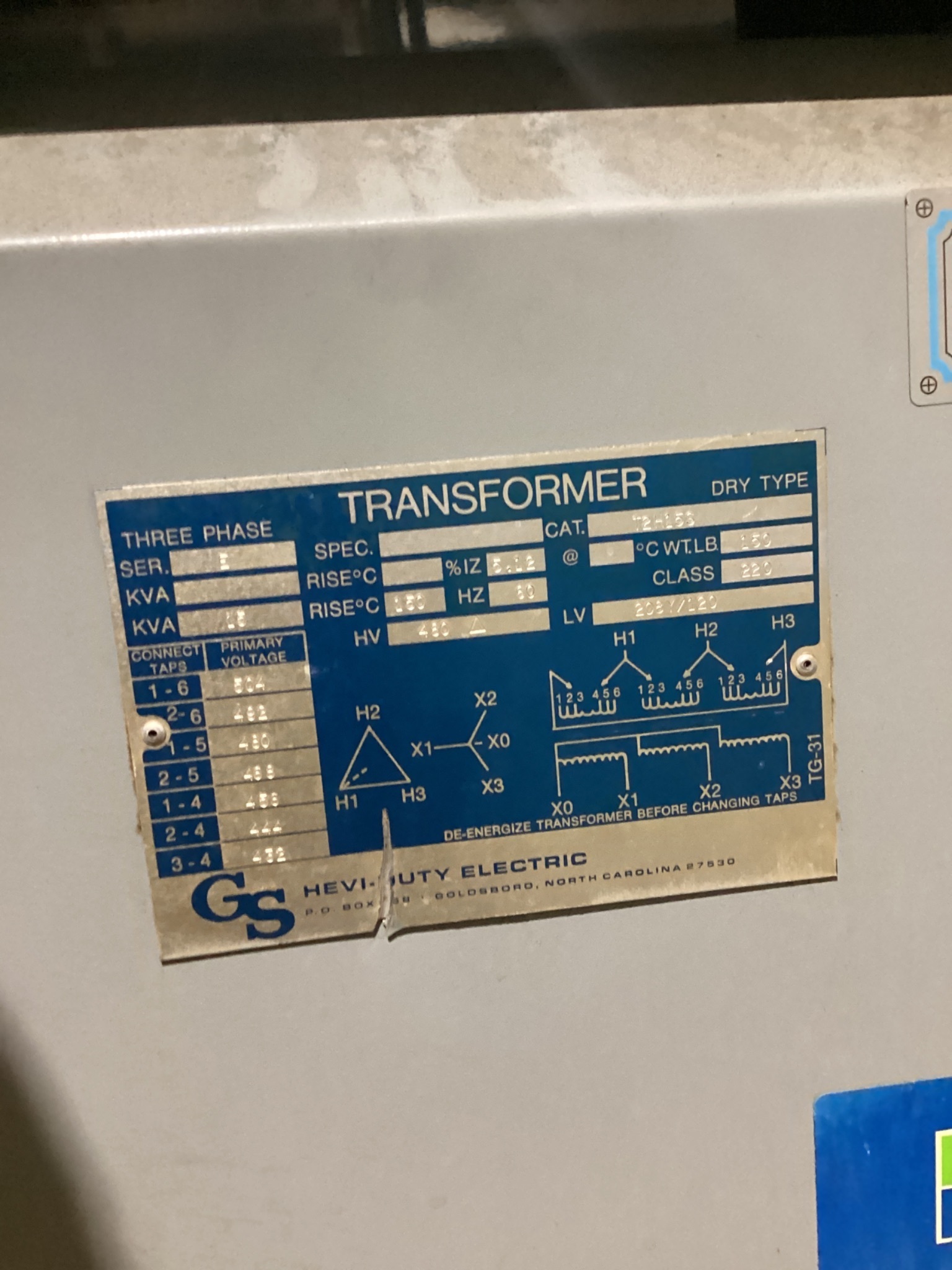 HEVI DUTY T2H15S Transformer 480V - 208Y/120V 15 KVA 3PH USED 3