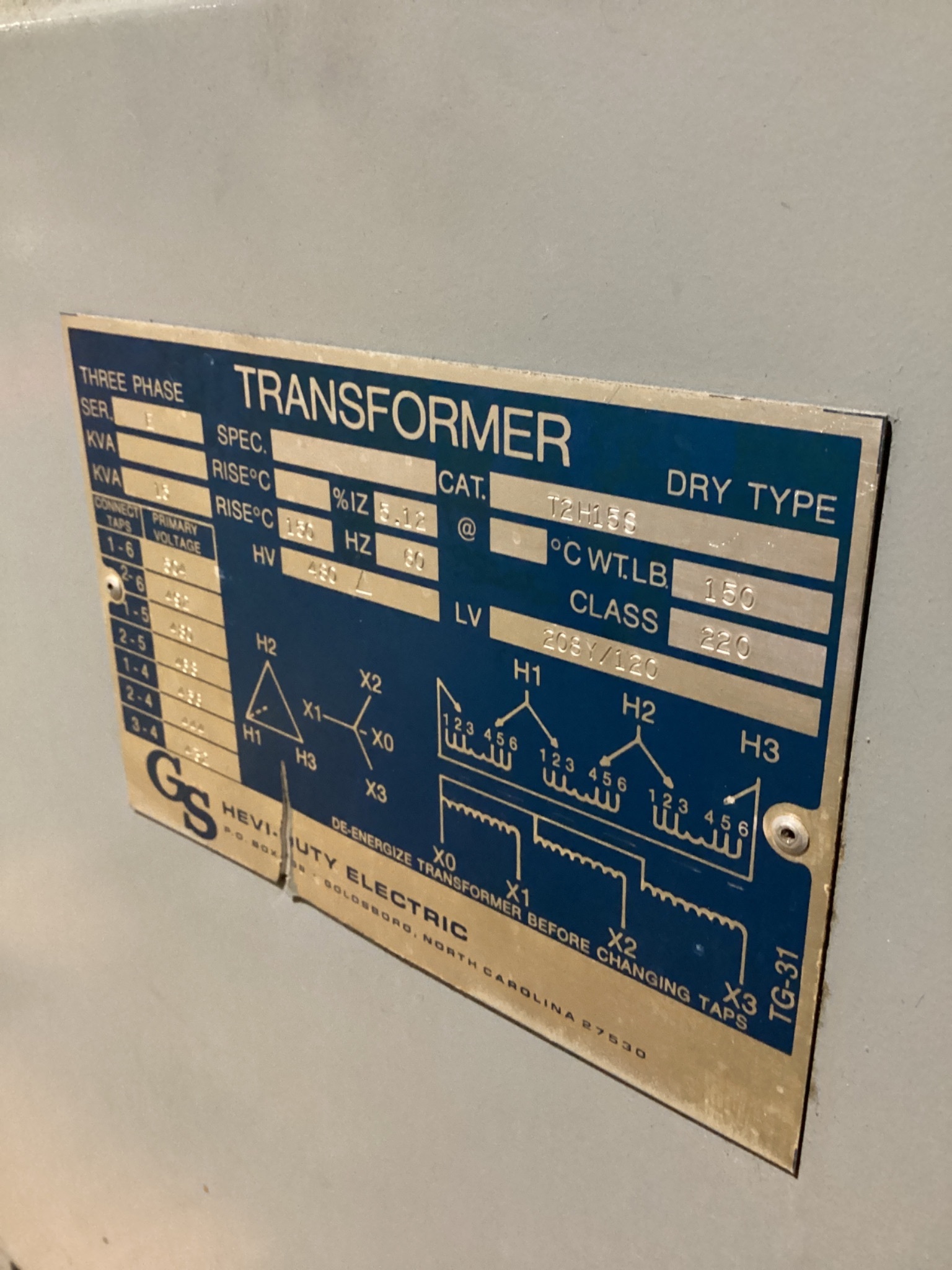 HEVI DUTY T2H15S Transformer 480V - 208Y/120V 15 KVA 3PH USED 4