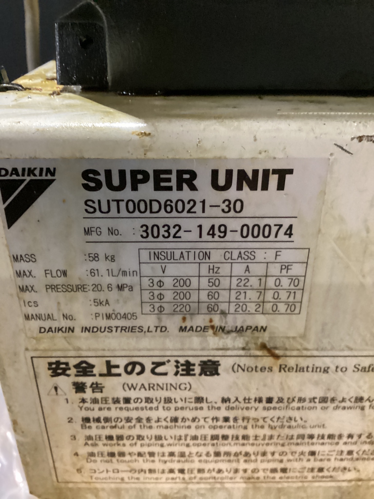 DAIKIN SUT00D6021-30 61.1L/Min Hydraulic Power Pack USED 8