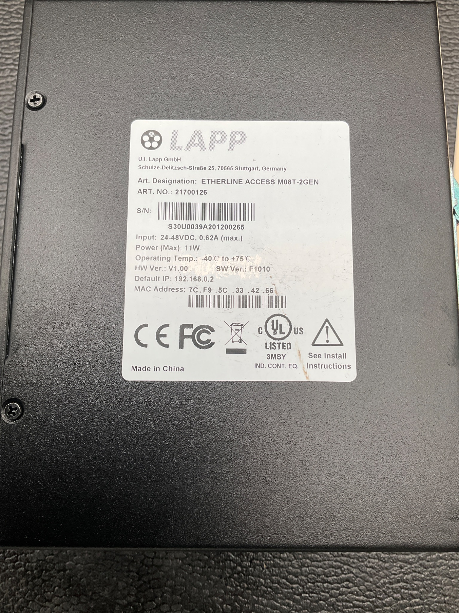LAPP 21700126 ETHERLINE M08T-2GEN ETHERNET SWITCH 8-PORT USED 4
