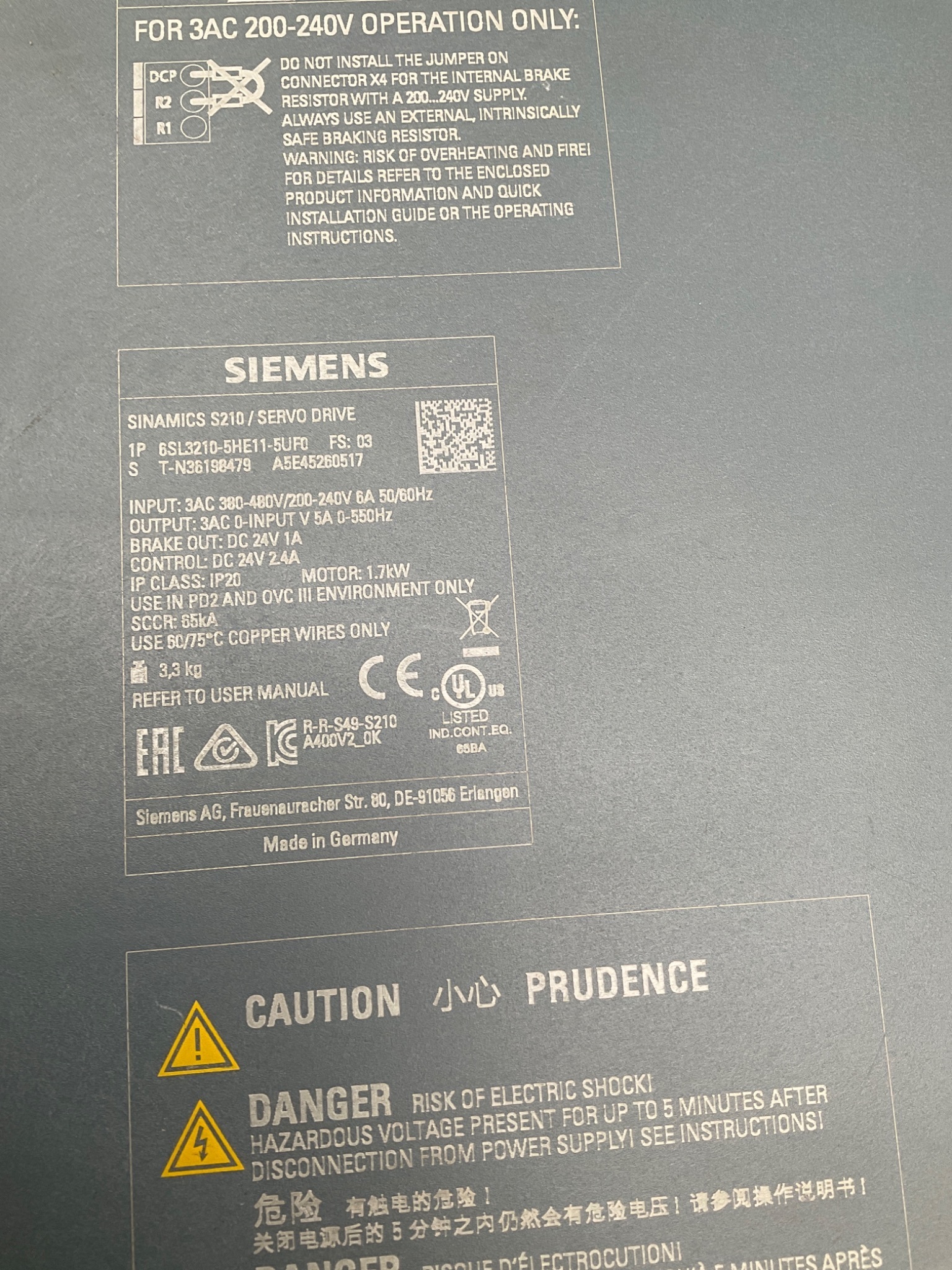 SIEMENS 6SL3210-5HE11-5UF0 S210 SERVO DRIVE 1.5KW 3PH 480V USED 6