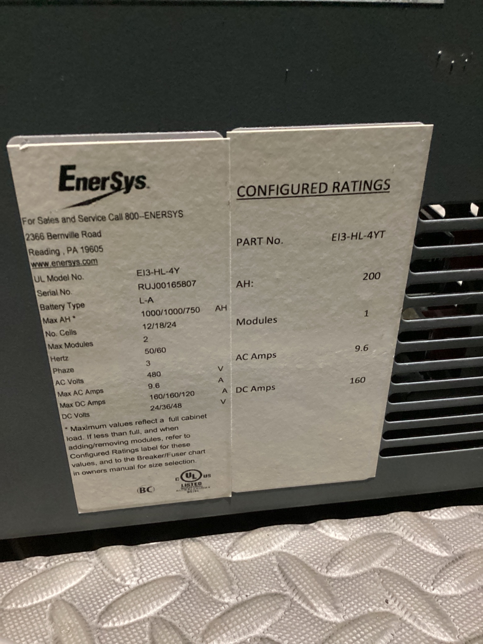 ENERSYS EI3-HL-4YT FORKLIFT BATTERY CHARGER 480V 3PH ENFORCER IMPAQ USED 7