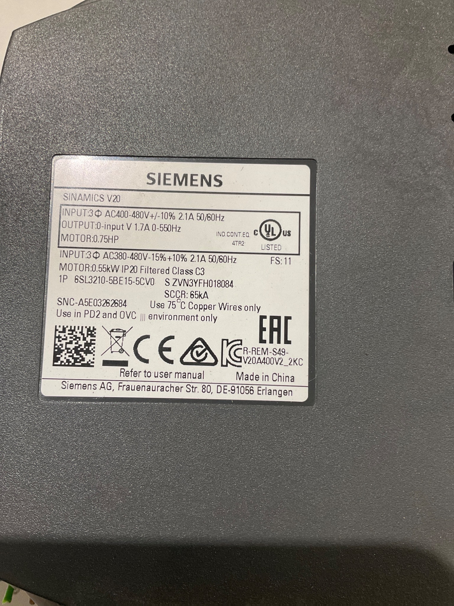 SIEMENS 6SL3210-5BE15-5CV0 SINAMICS V20 INVERTER DRIVE USED 5