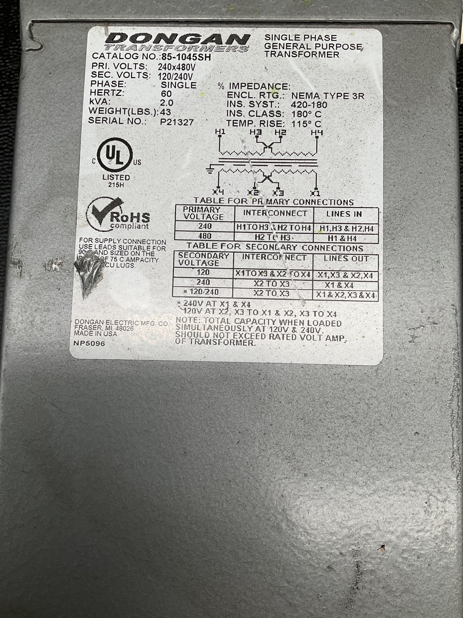 DONGAN 85-1045SH 2KVA TRANSFORMER 240/480V - 120/240V USED 3