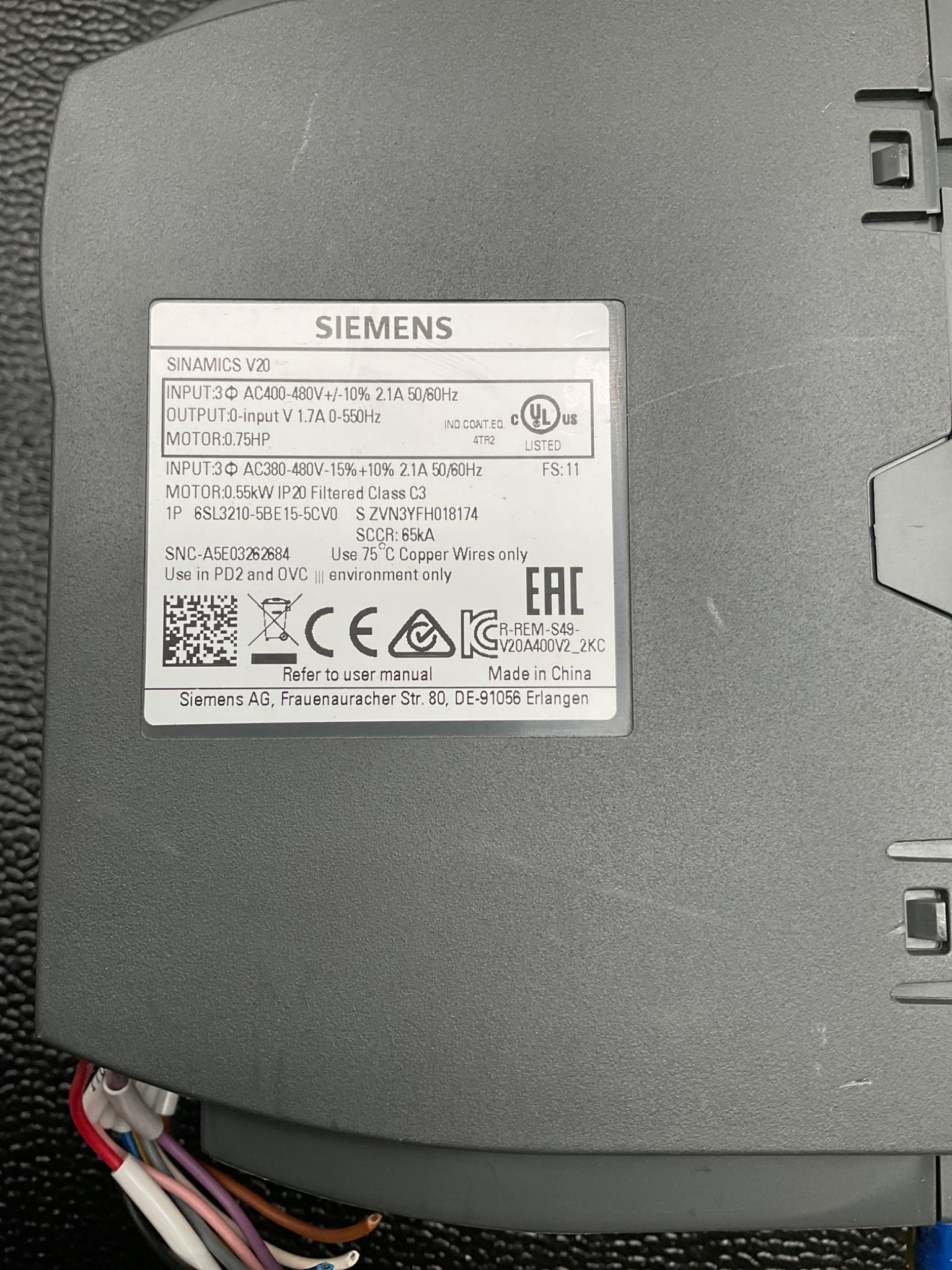 SIEMENS 6SL3210-5BE15-5CV0 SINAMICS V20 INVERTER 5.5KW 3PH USED 1