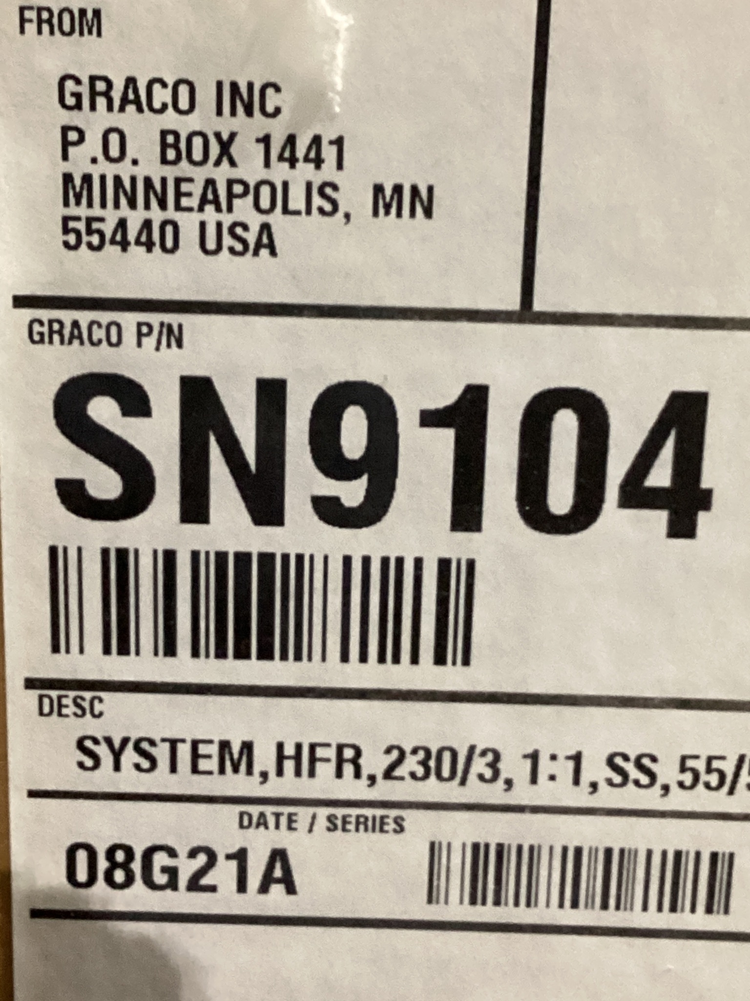 GRACO SN9104 SEALANT SYSTEM HFR 230/3 1:1 SS 55/55 10 NEW 3