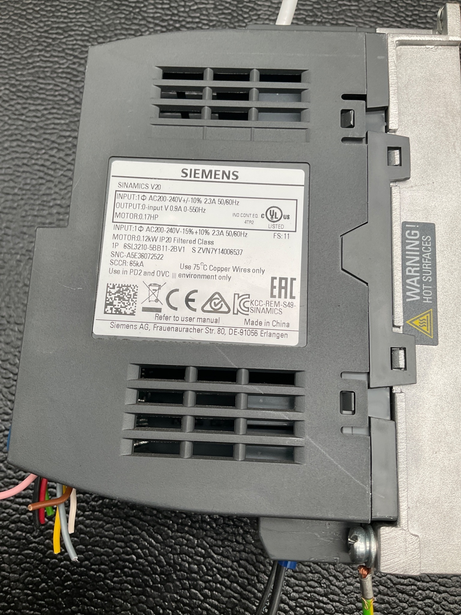 SIEMENS 6SL3210-5BB11-2BV1 SINAMICS V20 INVERTER DRIVE 0.12KW USED 2