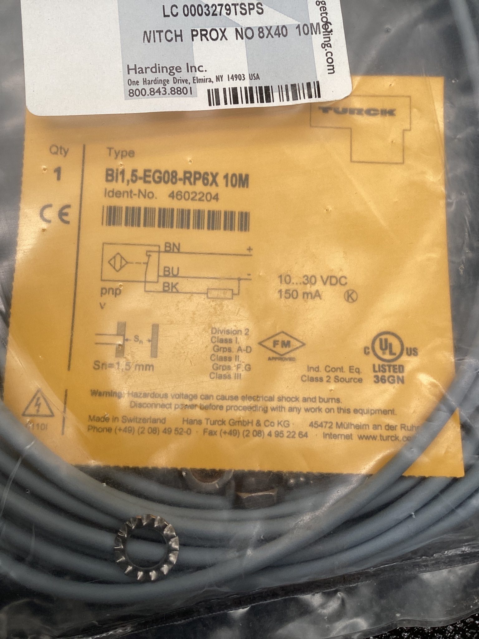 TURCK BI1,5-EG08-RP6X INDUCTIVE SENSOR 10M CABLE NEW 5