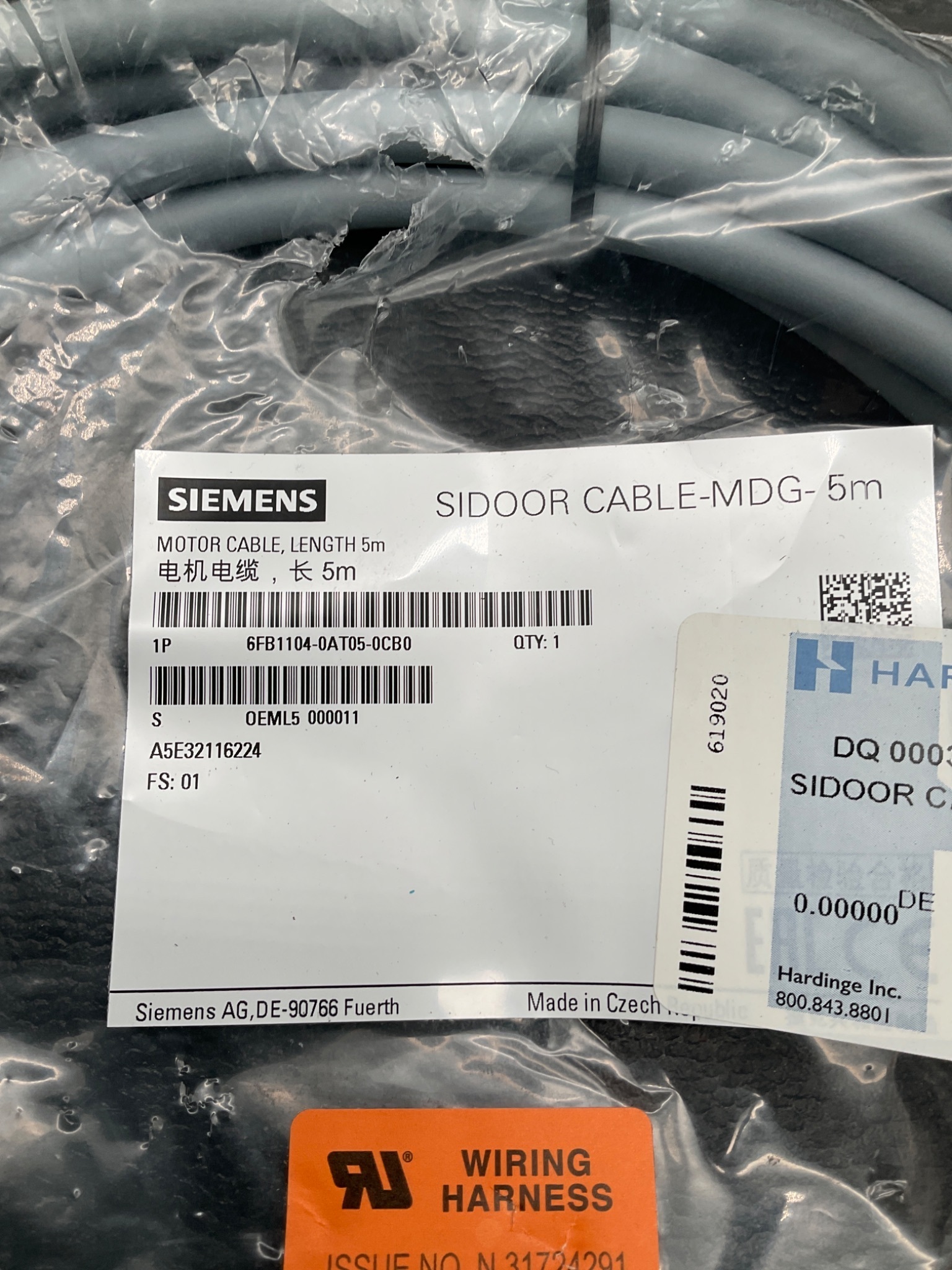 SIEMENS 6FB1104-0AT05-0CB0 SIDOOR MOTOR CABLE 5M NEW 2