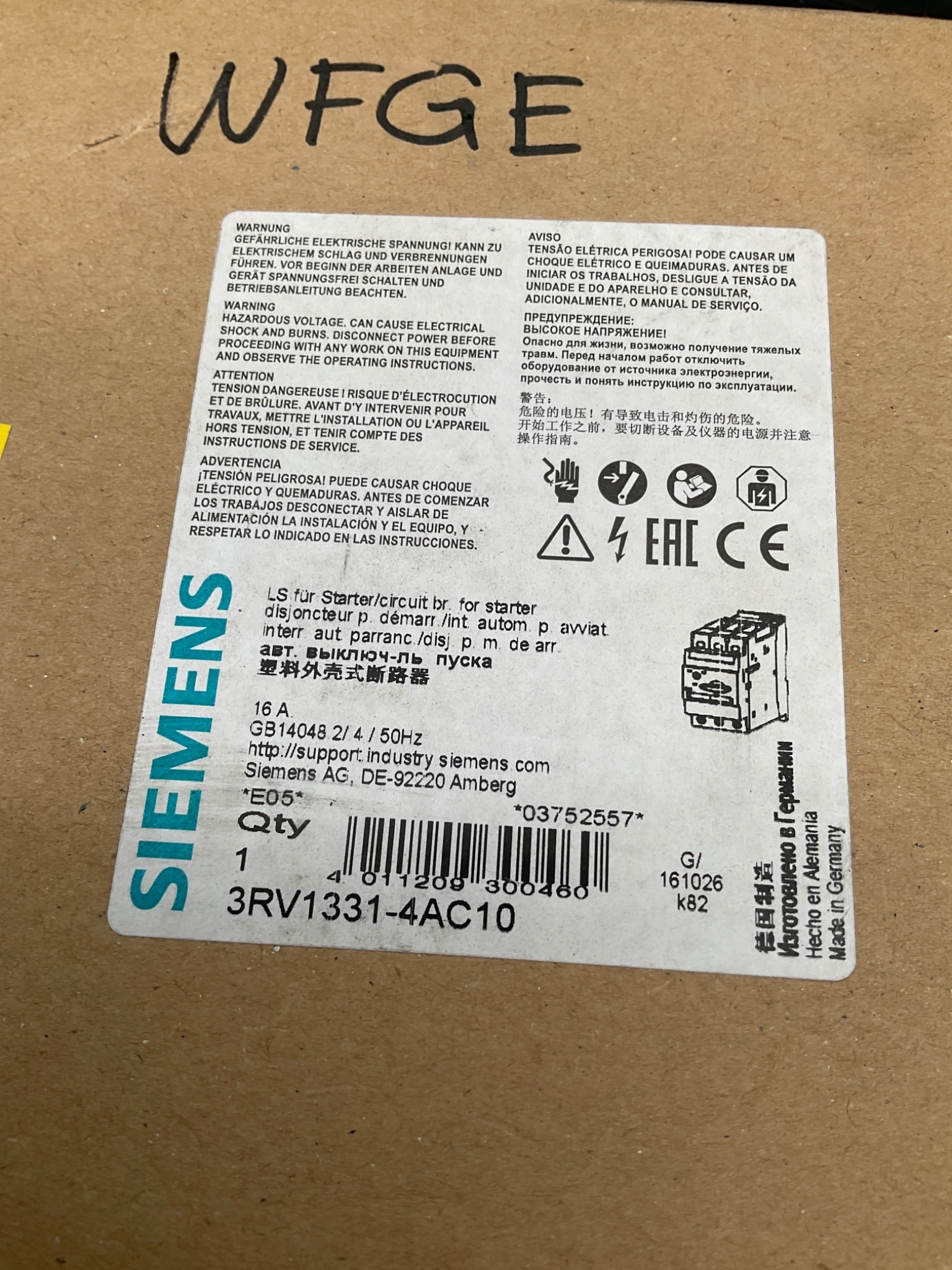 SIEMENS 3RV1331-4AC10 MOTOR PROTECTION BREAKER 16A S2 NEW 2