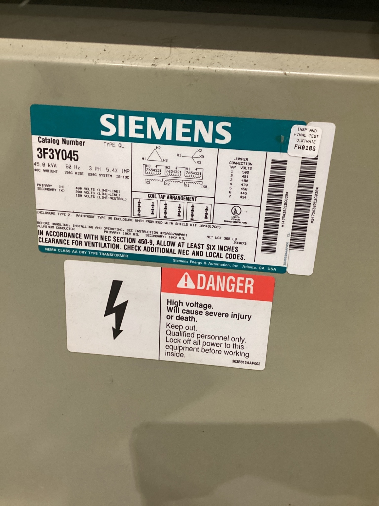 SIEMENS 3F3Y045 Transformer 480V - 208Y/120V 45 KVA 3PH USED 4