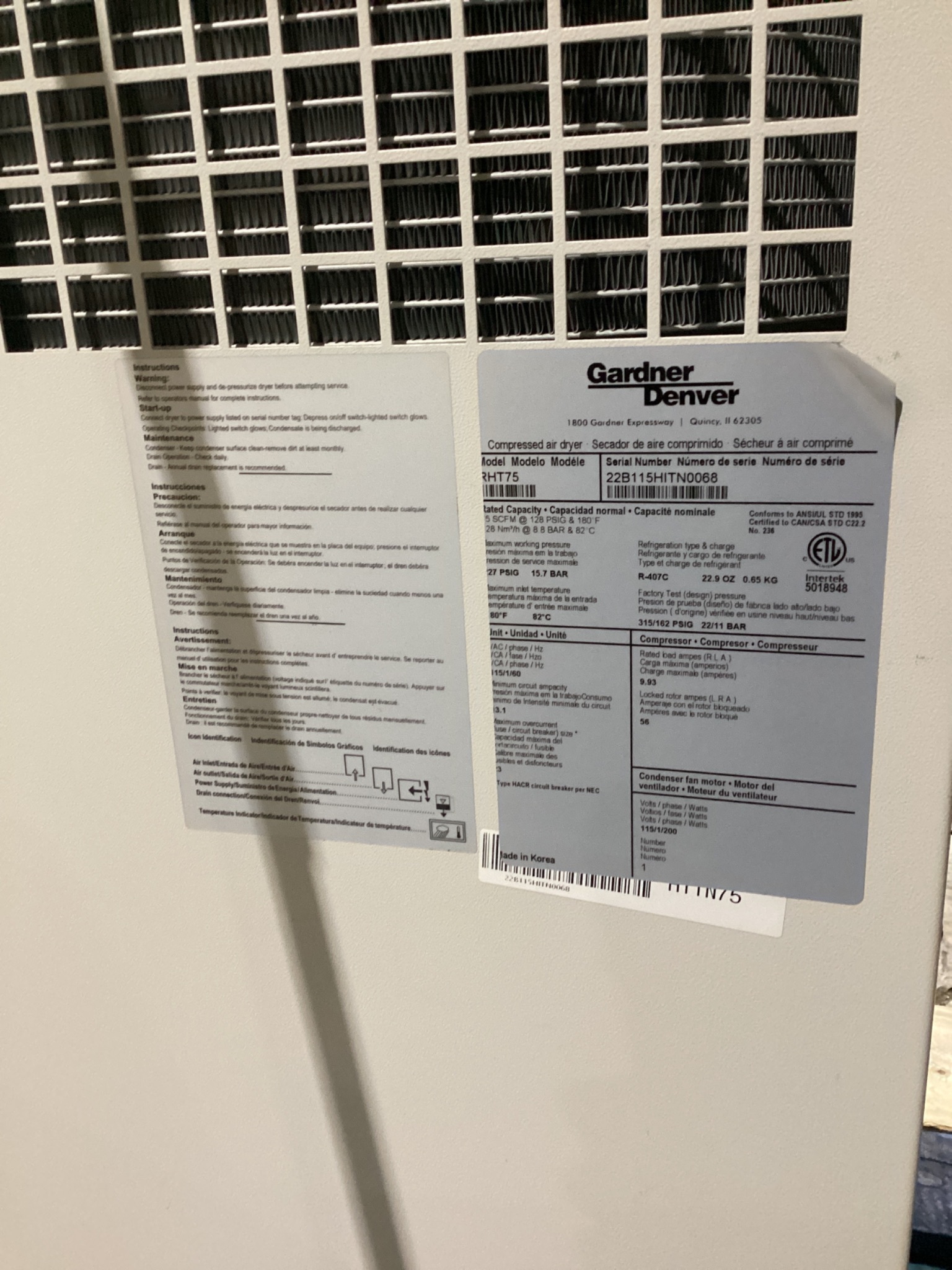 GARDNER DENVER RHT75 REFRIGERATED AIR DRYER USED 8