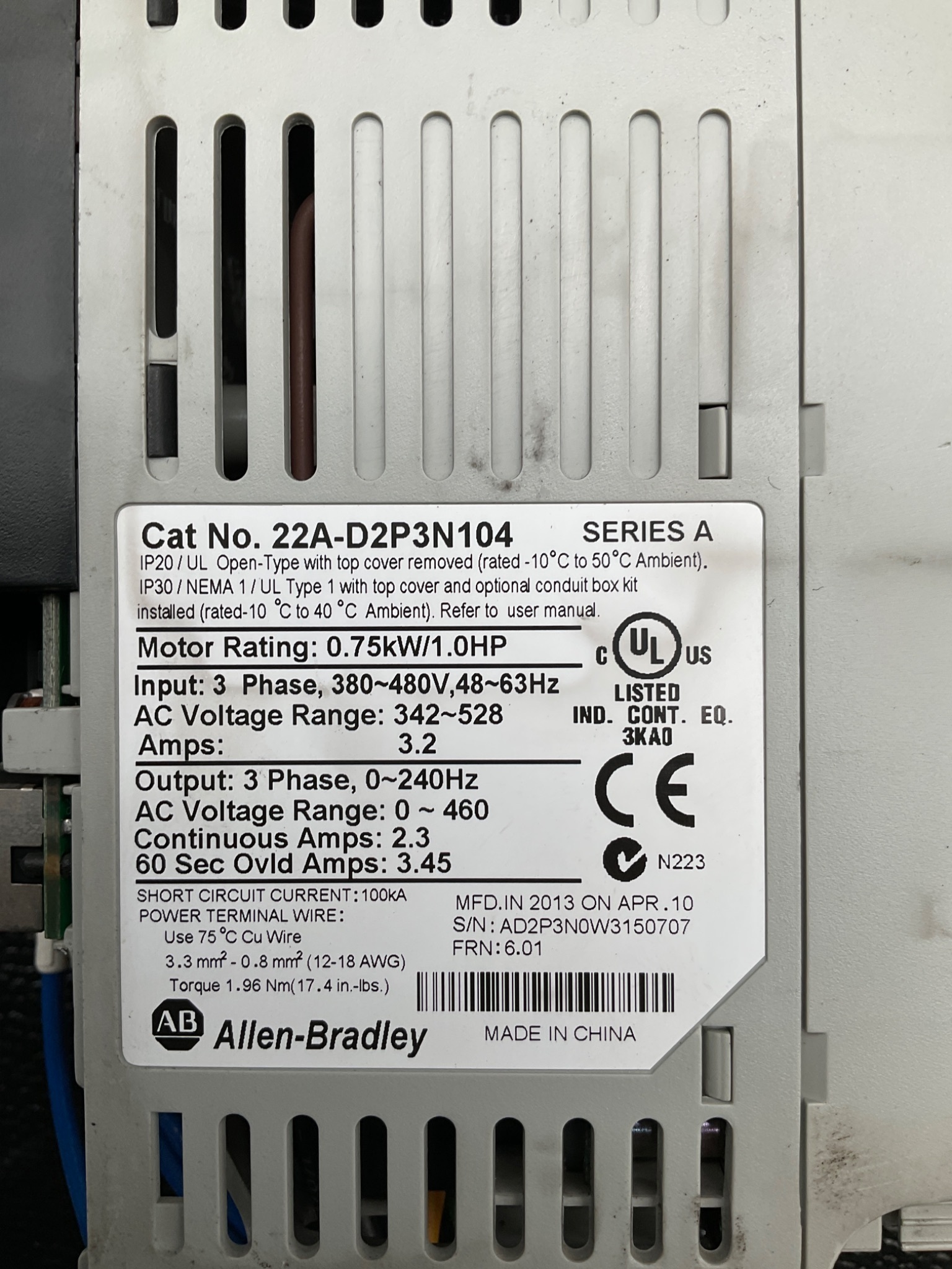 ALLEN BRADLEY 22A-D2P3N104 POWERFLEX 4 AC DRIVE 1HP USED MISSING COVER 6
