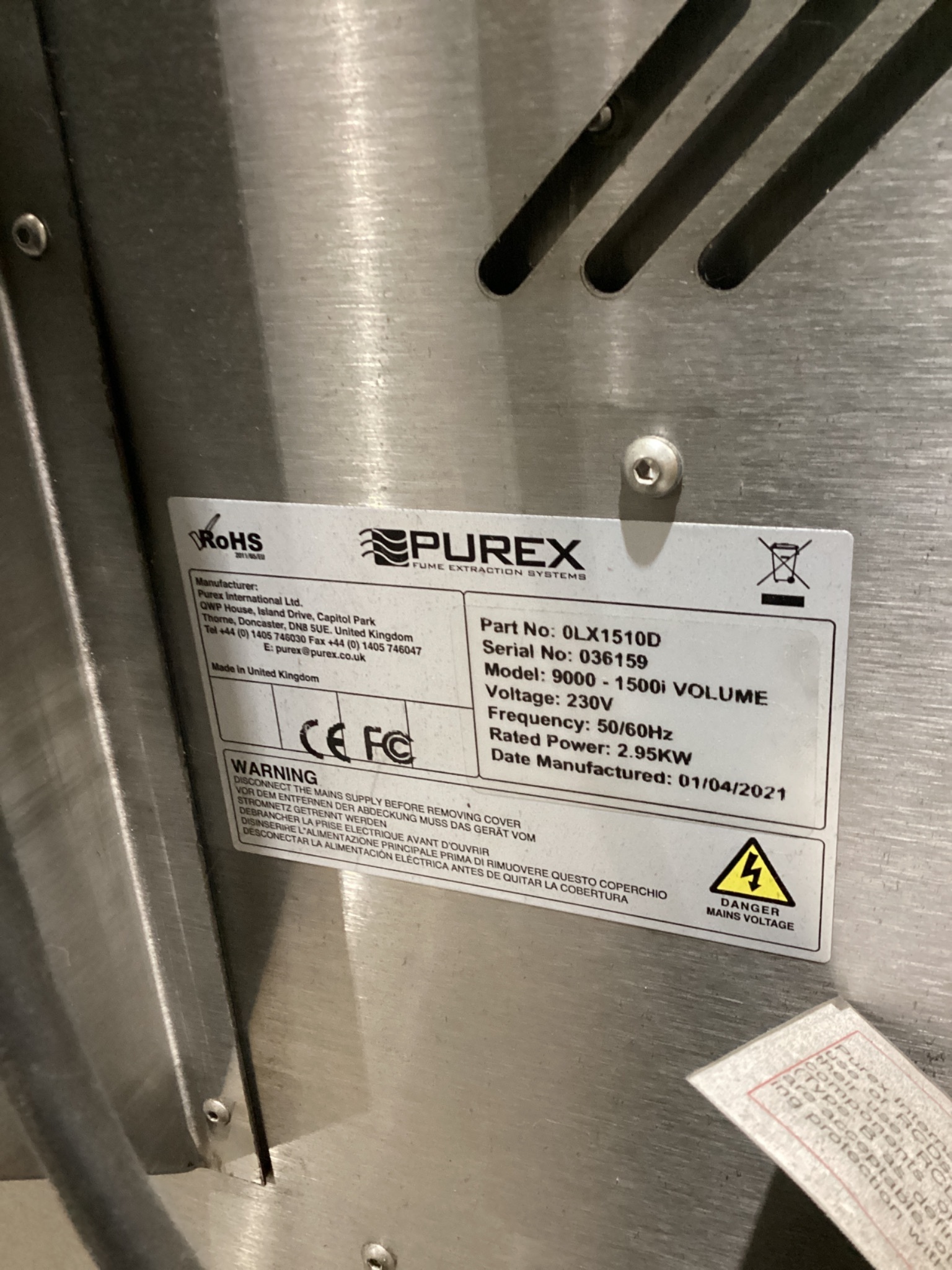 PUREX 0LX1510D 1500i Volume Control Fume Extraction Unit 230V USED 5
