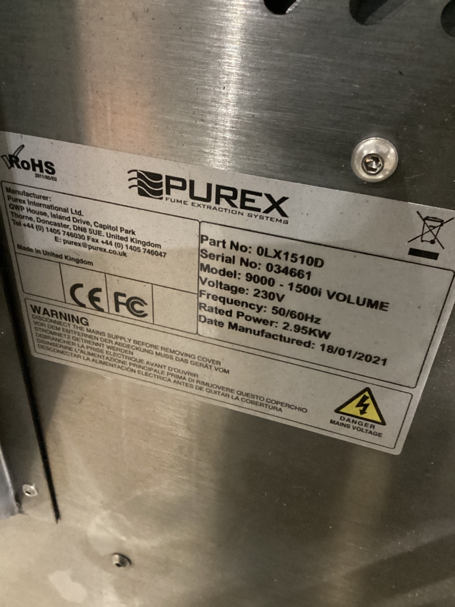 PUREX 0LX1510D 1500i Volume Control Fume Extraction Unit 230V USED 5