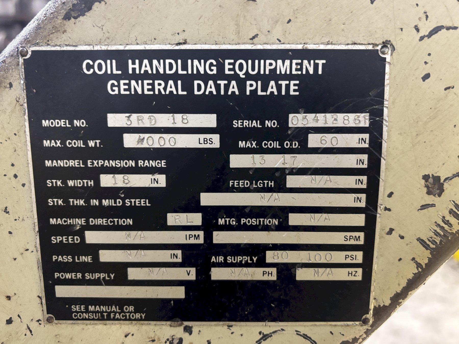4,000 LBS X 18" CWP MODEL #3RD18 PULL OFF DOUBLE END UNCOILER COIL REEL USED 1