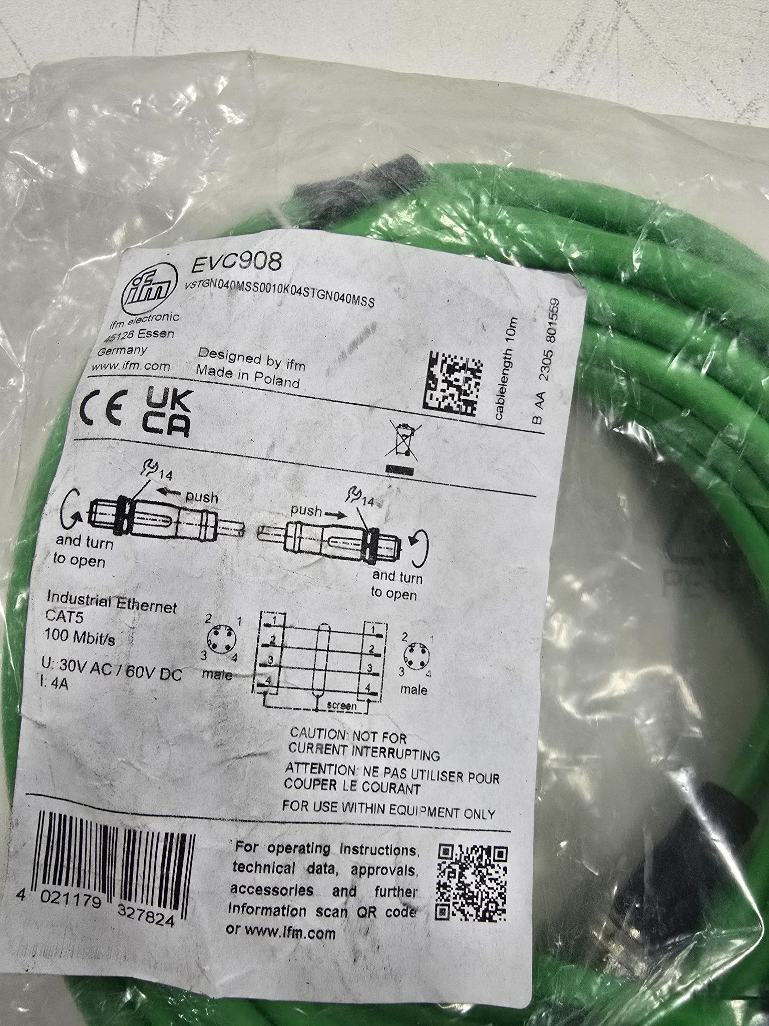 IFM EVC908 SENSOR CABLE NEW 1