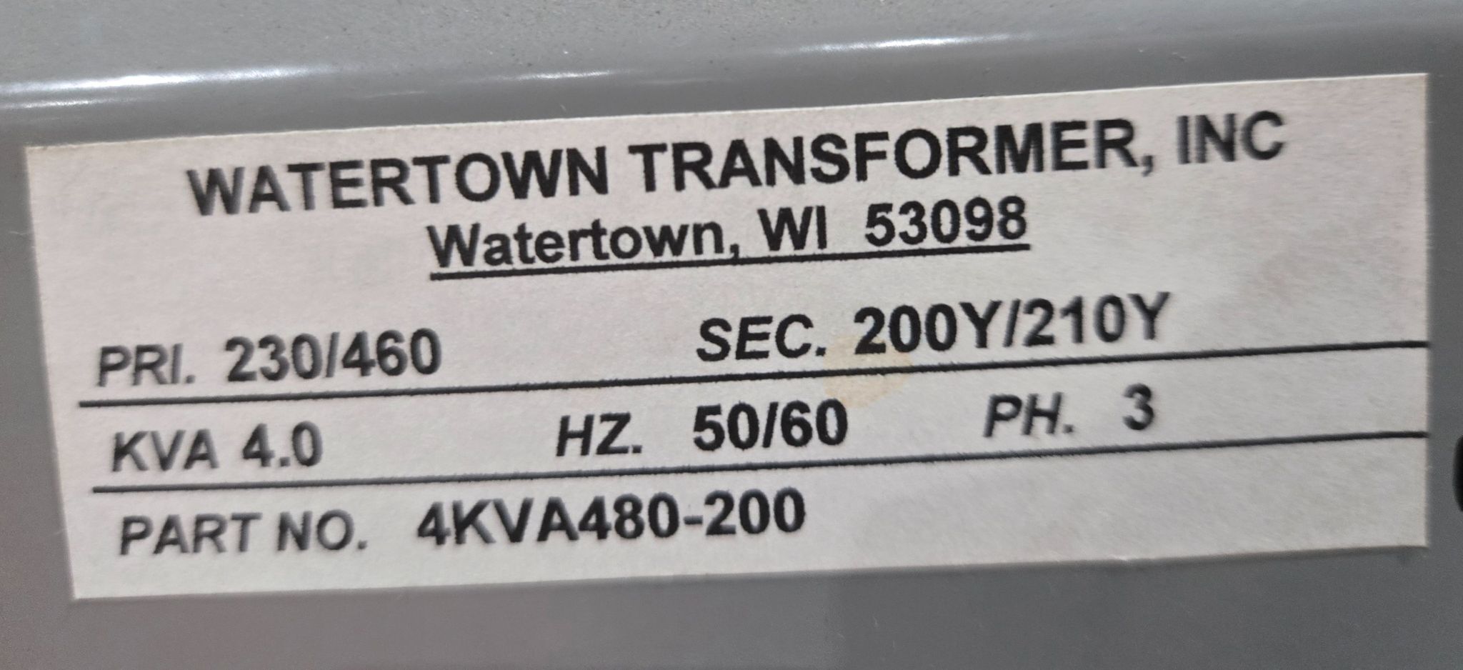 WATERTOWN 4KVA480-200 4KVA 230/460 - 200Y/210Y TRANSFORMER USED 2